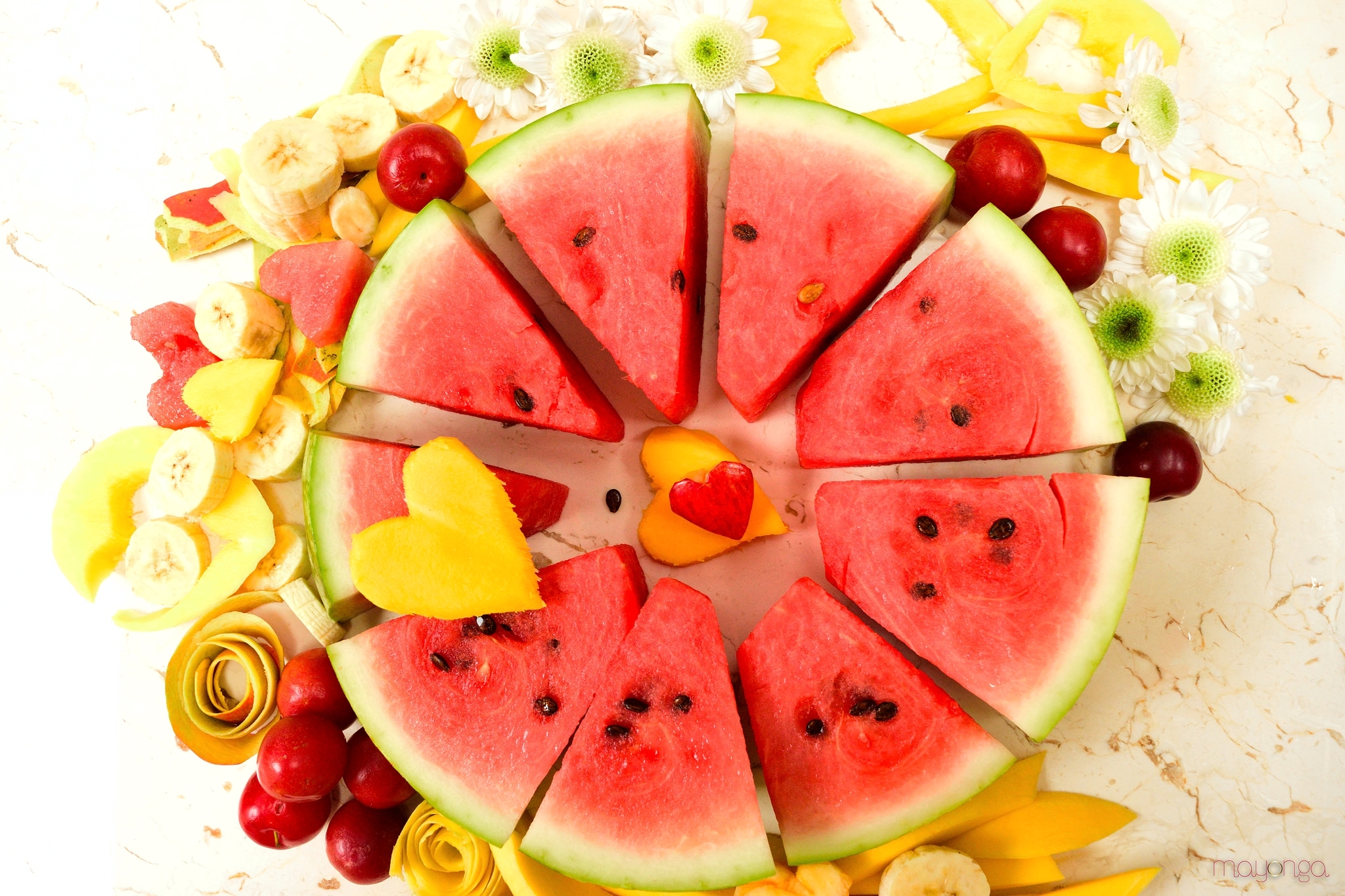 424102 Hintergrundbild herunterladen nahrungsmittel, frucht, banane, herzförmig, mango, wassermelone, früchte - Bildschirmschoner und Bilder kostenlos