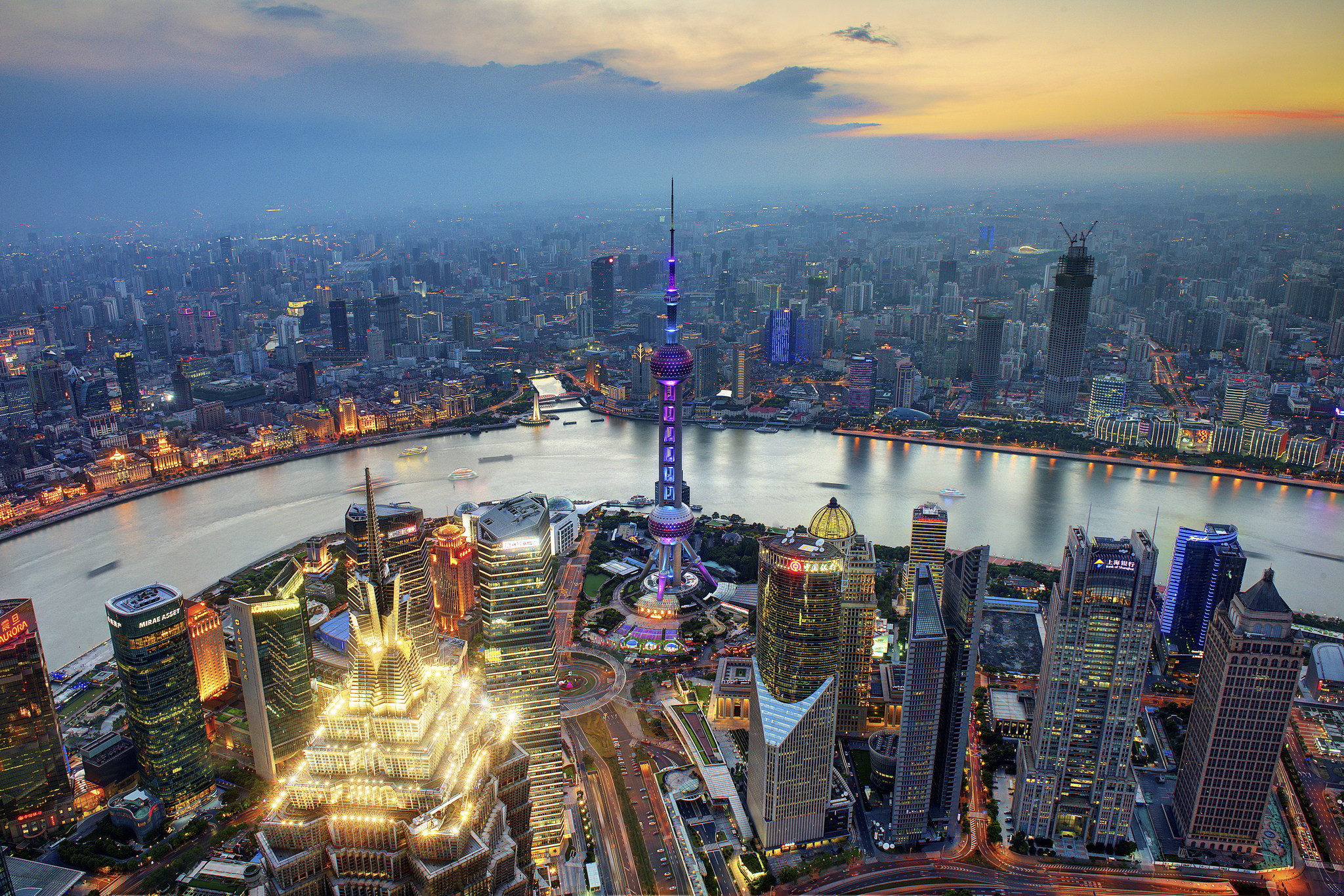 Download mobile wallpaper Cities, City, Skyscraper, Building, Cityscape, China, River, Shanghai, Aerial, Man Made, Oriental Pearl Tower for free.