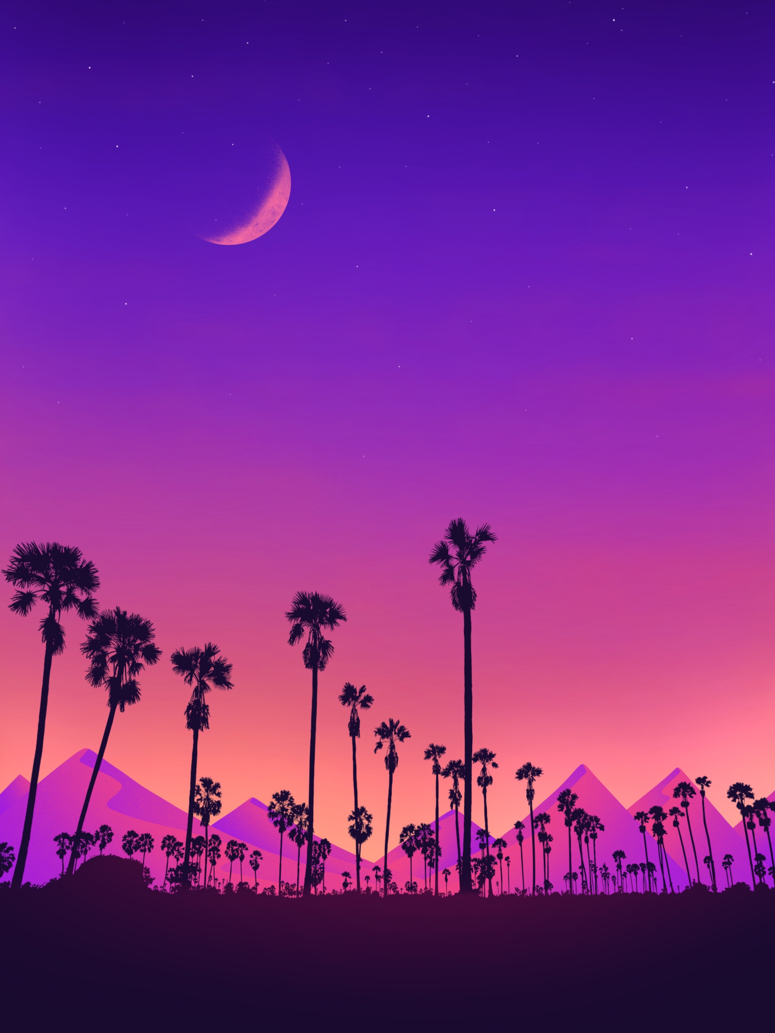 purple, art, violet, moon, mountains, night, palms Full HD