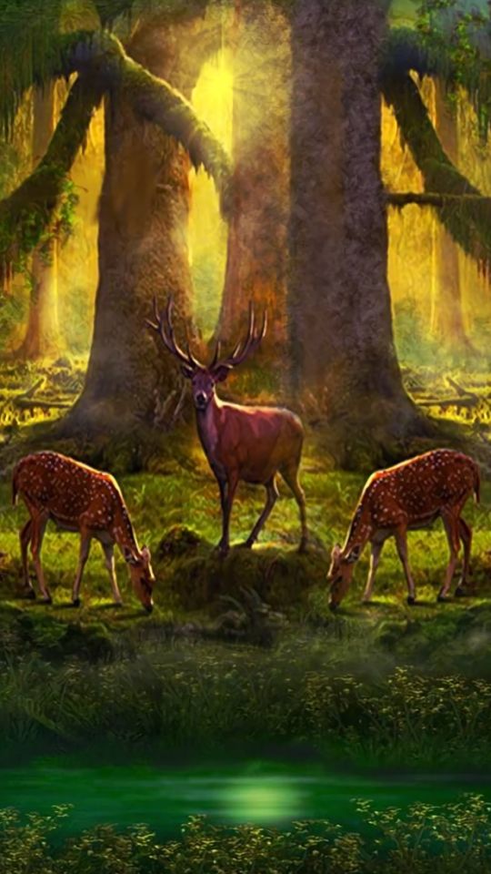 Download mobile wallpaper Fantasy, Forest, Tree, Deer, Artistic for free.