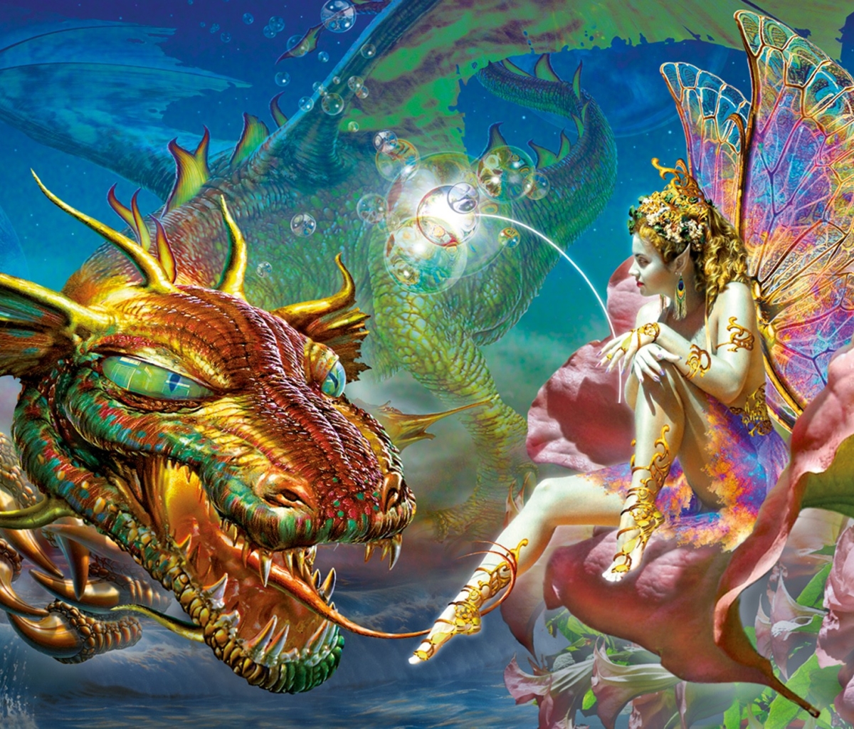 Download mobile wallpaper Fantasy, Gold, Flower, Wings, Dragon, Colorful, Fairy for free.