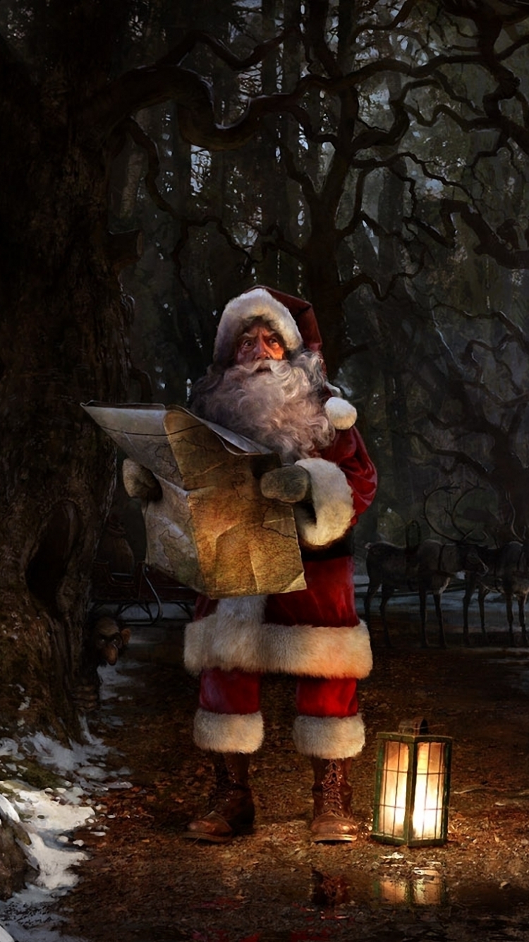 Download mobile wallpaper Santa Claus, Night, Dark, Forest, Christmas, Holiday, Troll, Map, Santa, Reindeer for free.
