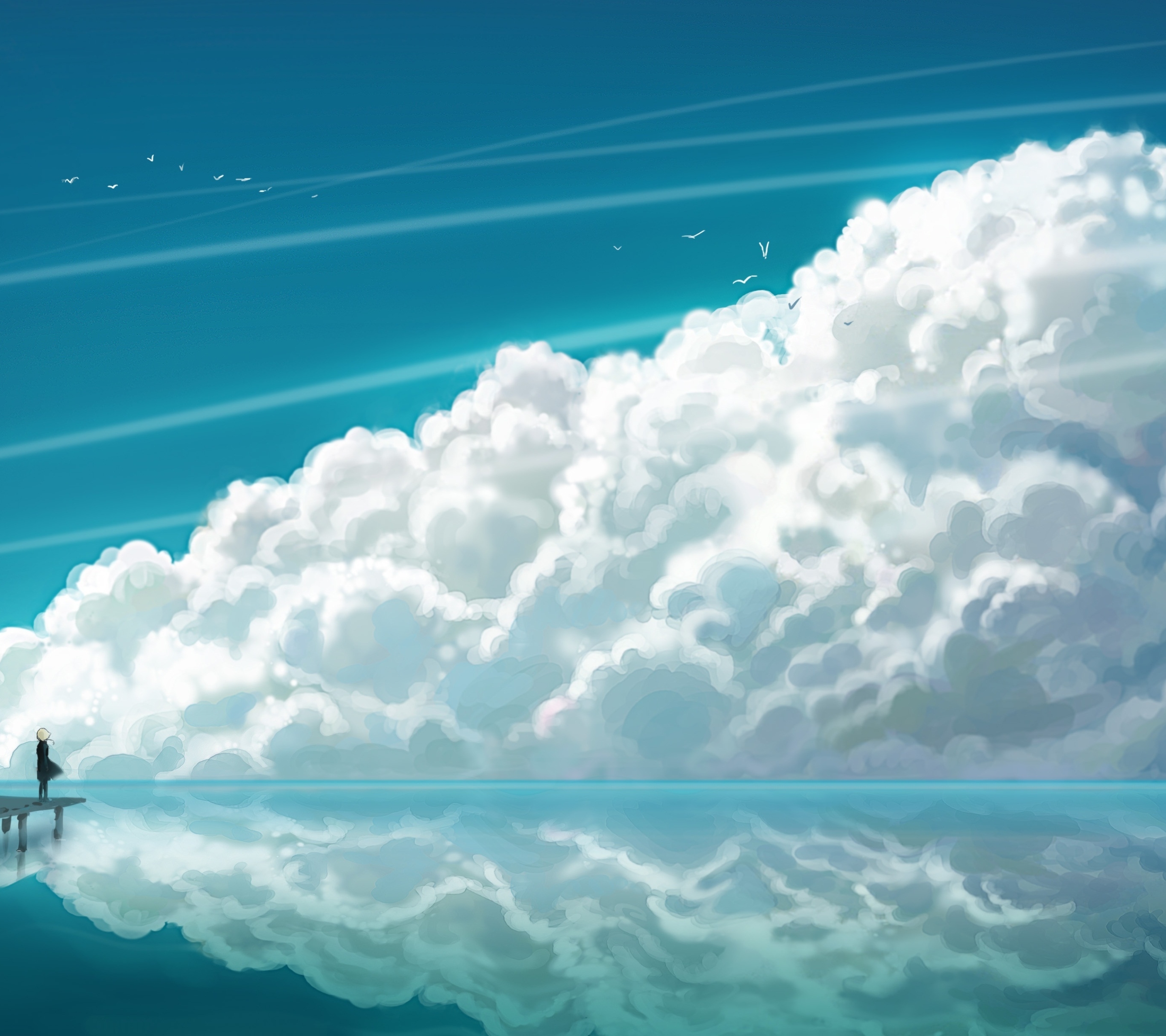 Free download wallpaper Anime, Sky, Reflection, Pier, Ocean, Cloud on your PC desktop