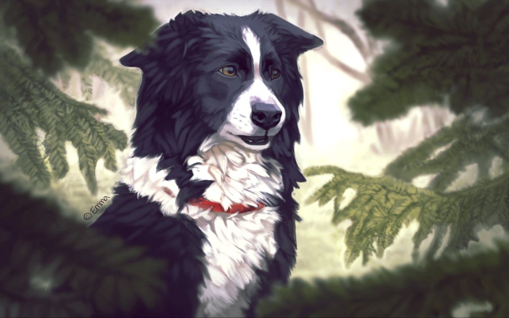 animals, trees, art, dog, spruce, fir, needles, collar wallpapers for tablet