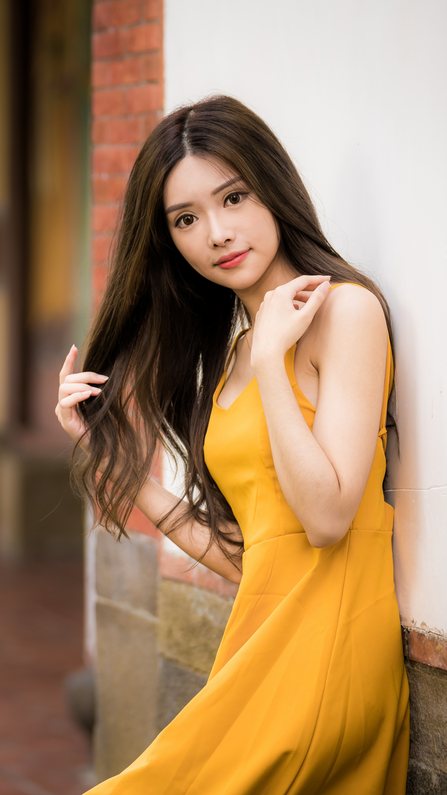 Download mobile wallpaper Brunette, Model, Women, Yellow Dress, Asian, Long Hair for free.