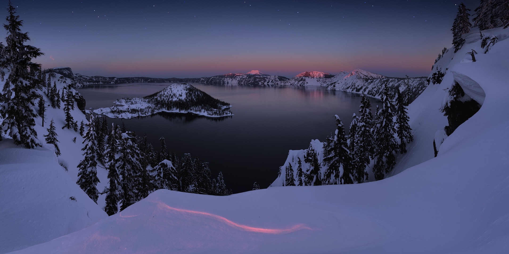 859196 Hintergrundbild herunterladen erde/natur, kratersee, see, natur, nacht, schnee, winter - Bildschirmschoner und Bilder kostenlos