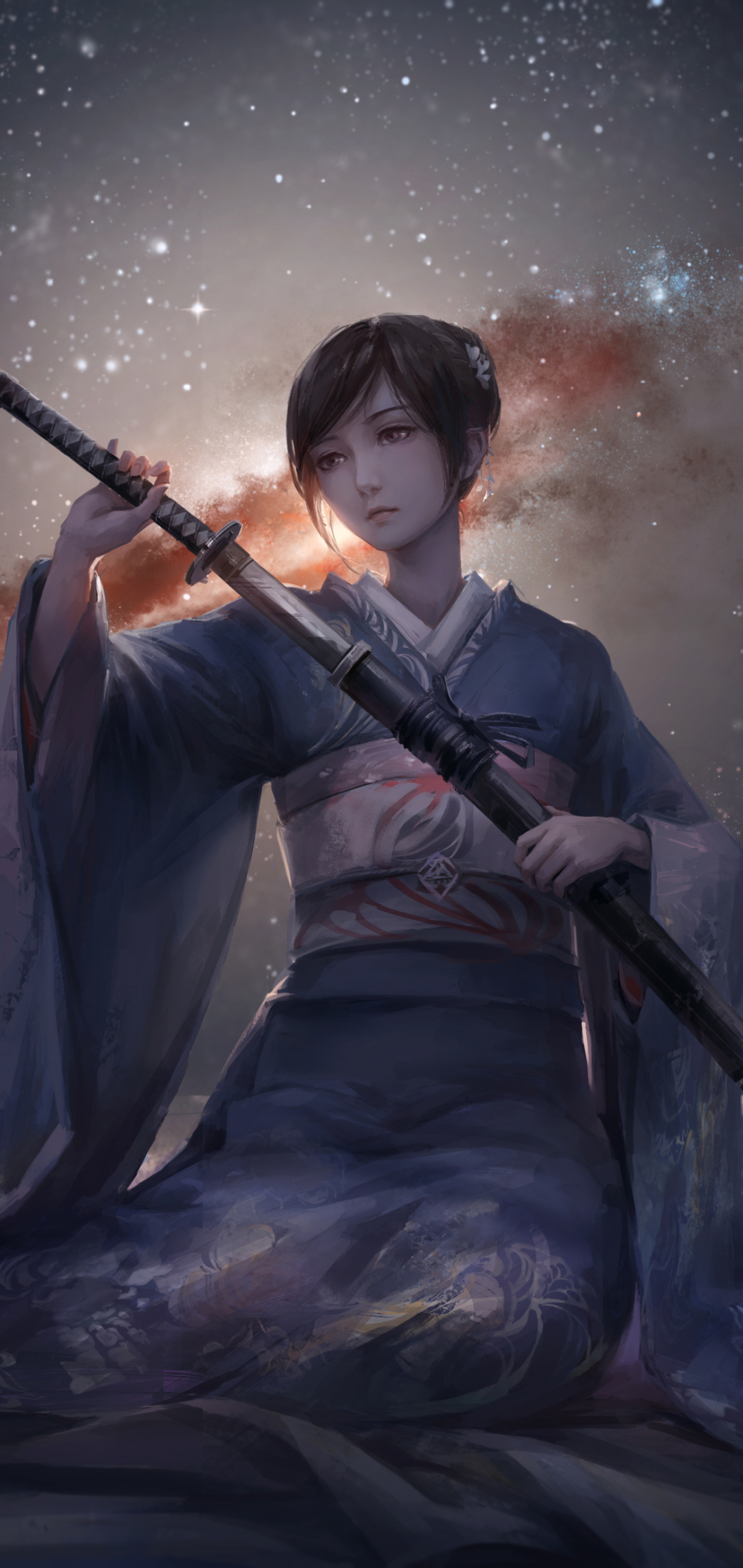 Download mobile wallpaper Fantasy, Stars, Kimono, Women, Sword, Asian, Woman Warrior for free.