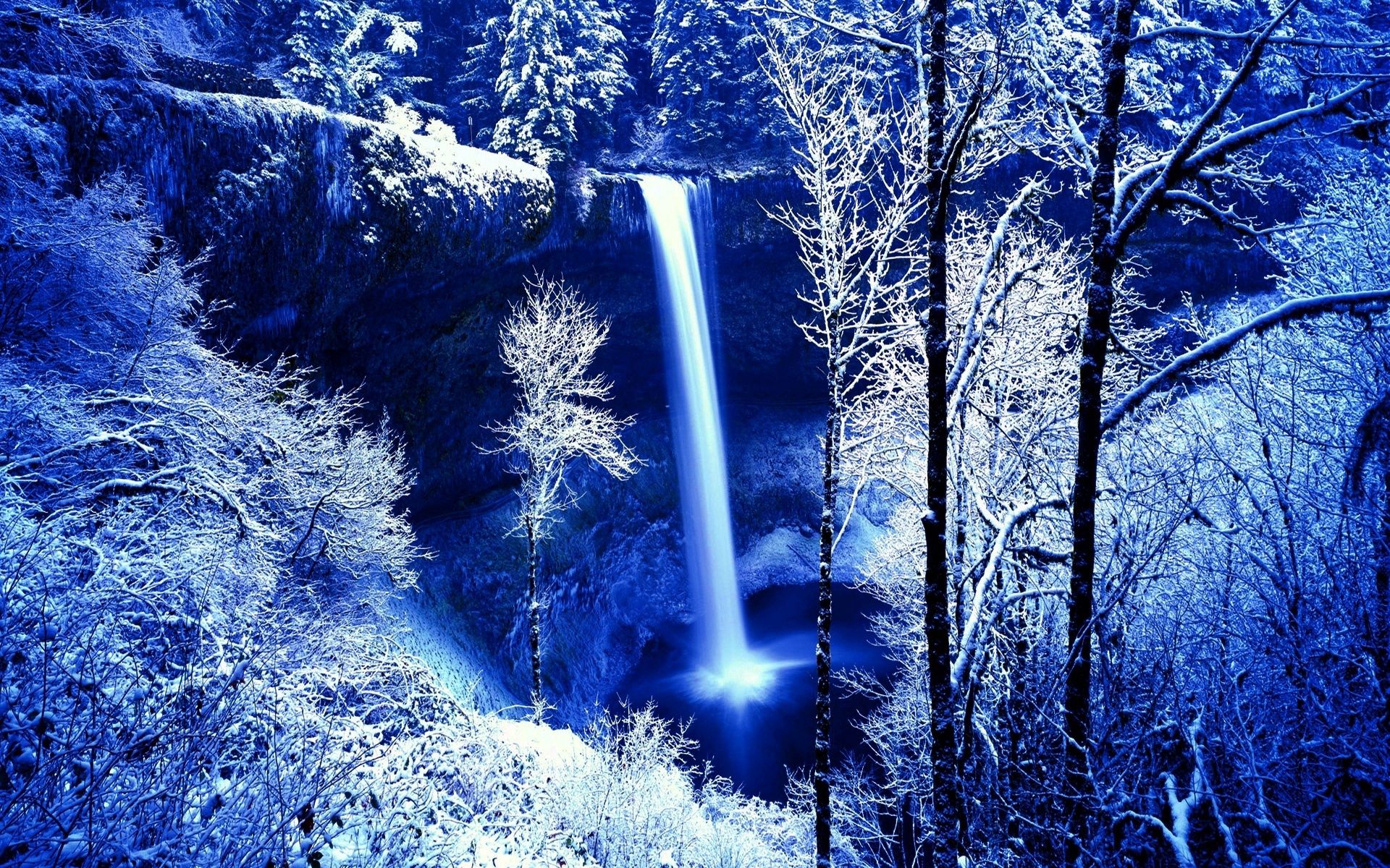 Windows Backgrounds winter, nature, trees, snow, rock, waterfall, colors, color, frost, hoarfrost, paints, gloomy, cold