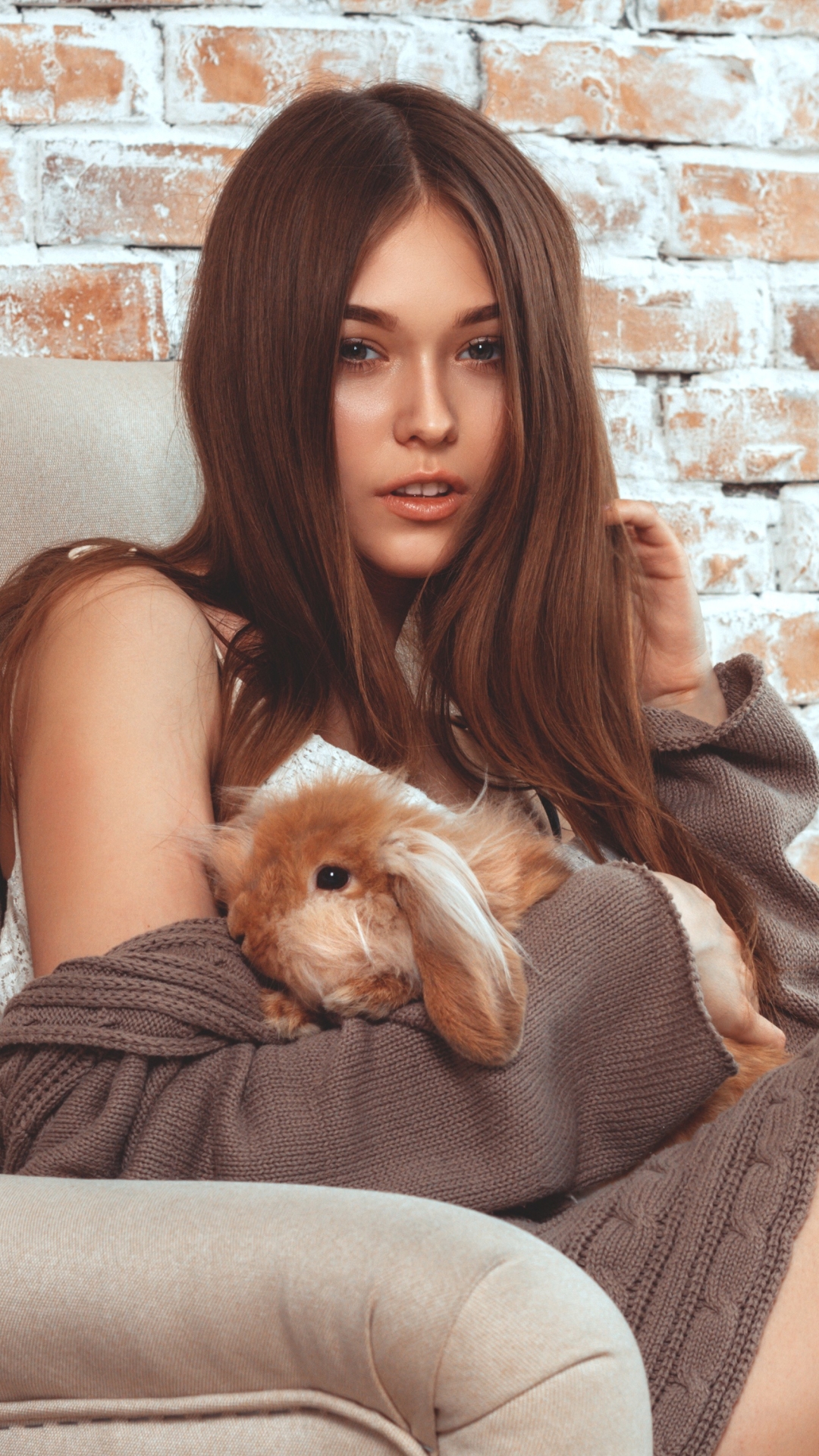 Download mobile wallpaper Rabbit, Brick, Brunette, Model, Women, Socks, Bunny for free.