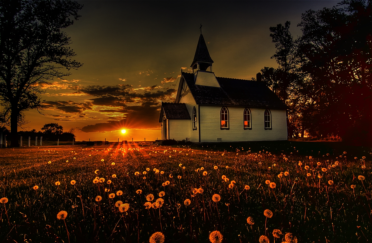 church, architecture, sunset, religious, field, churches Full HD