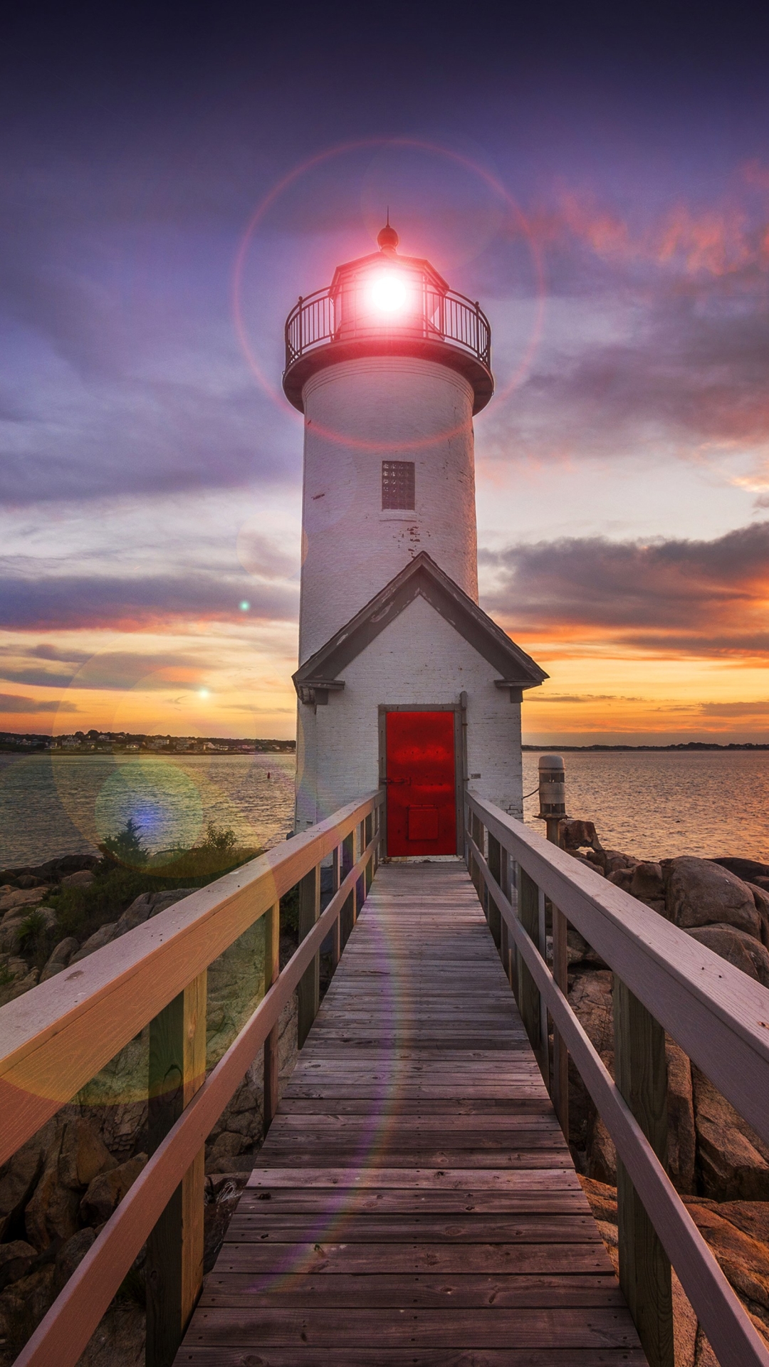 Download mobile wallpaper Sunset, Sky, Wood, Lighthouse, Man Made for free.