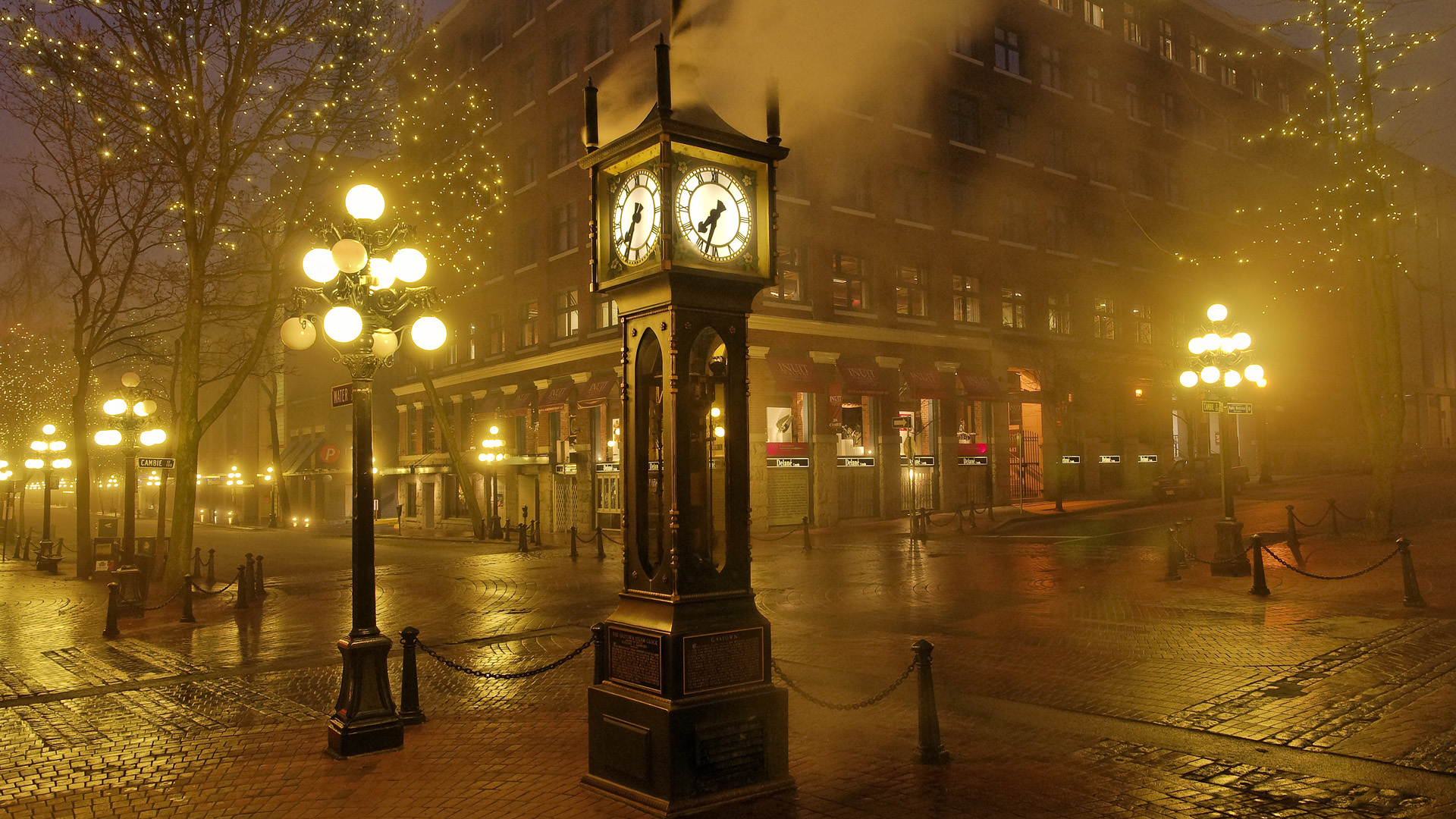 Free download wallpaper Landscape, Cities, Night, Clock, Streets on your PC desktop
