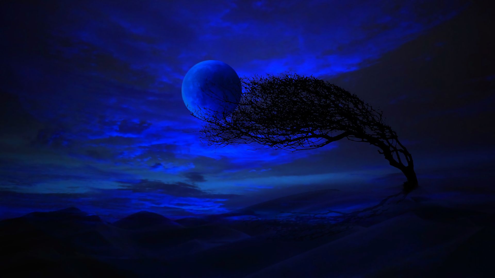 Скачать картинку Облака, Луна, Дерево, Синий, Ландшафт, Художественные в телефон бесплатно.