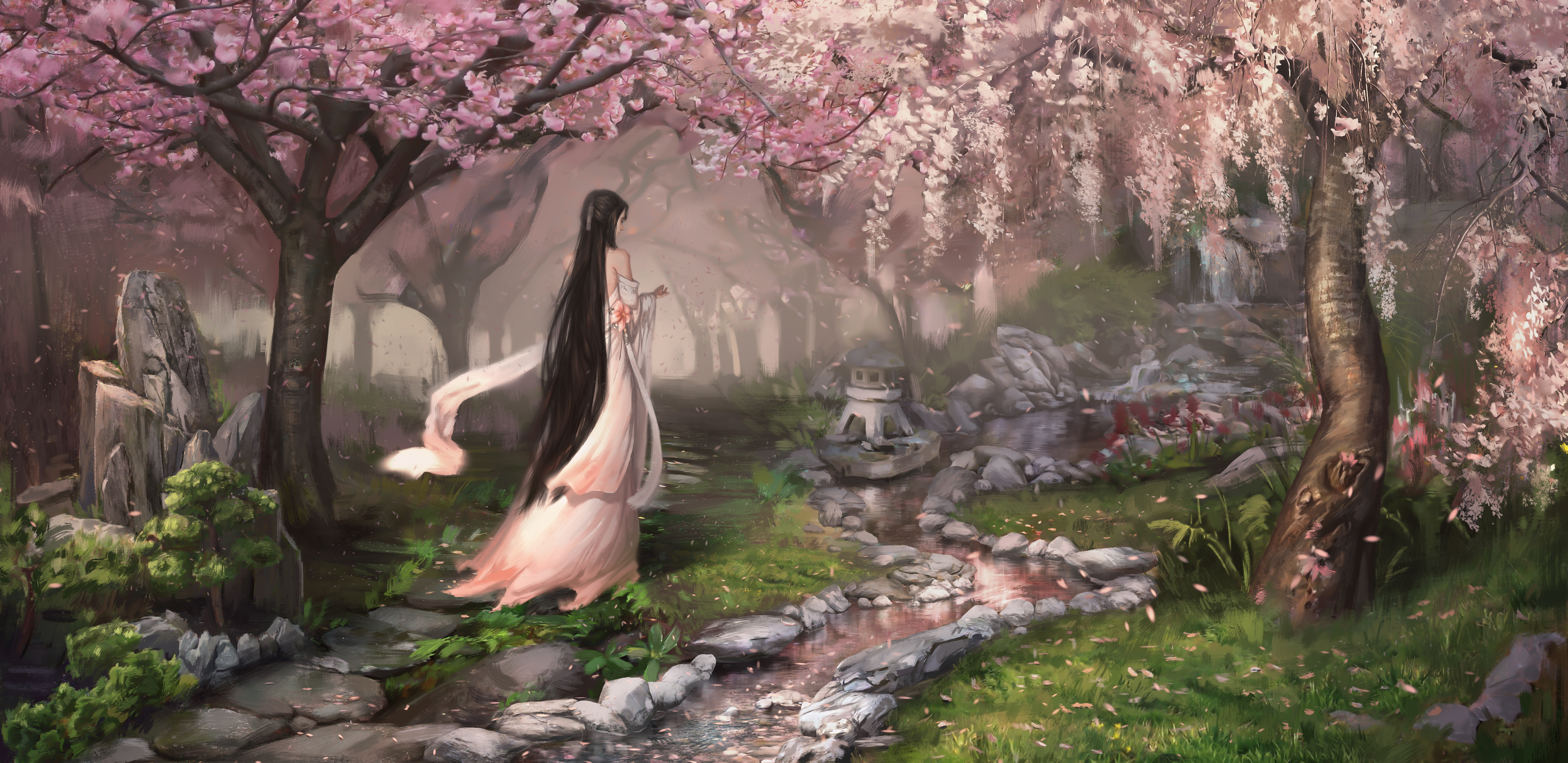 Laden Sie das Fantasie, Sakura, Baum, Orientalisch, Frauen, Kirschblüte, Lange Haare, Braune Haare-Bild kostenlos auf Ihren PC-Desktop herunter