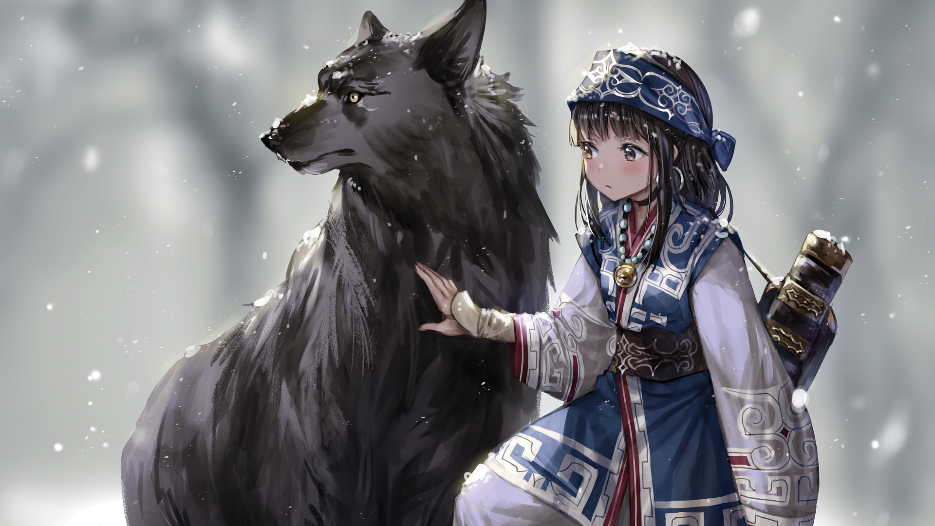 Free download wallpaper Anime, Dog, Snowfall, Original on your PC desktop