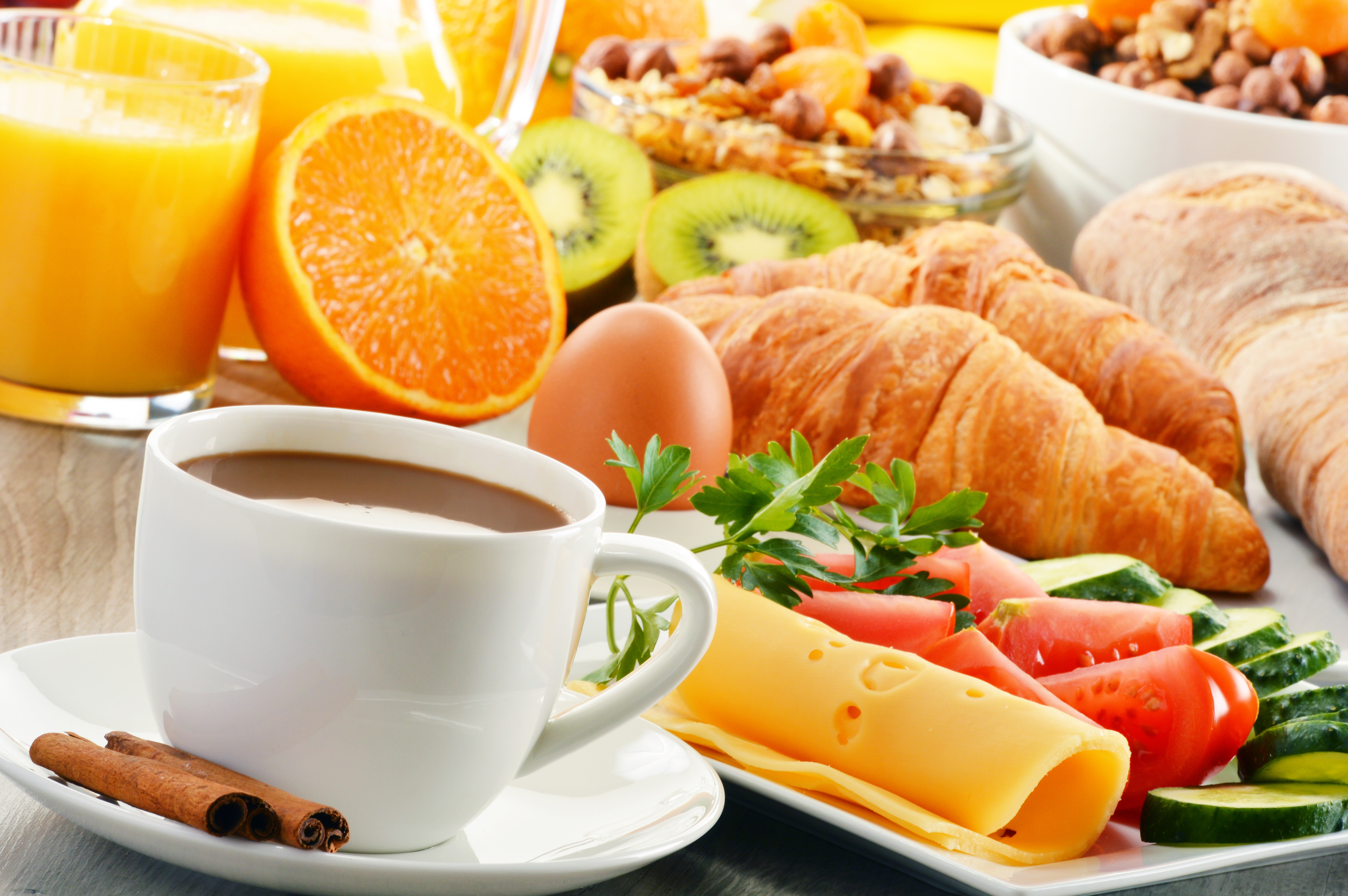 Download mobile wallpaper Food, Cheese, Kiwi, Coffee, Still Life, Cup, Egg, Breakfast, Tomato, Croissant, Juice for free.