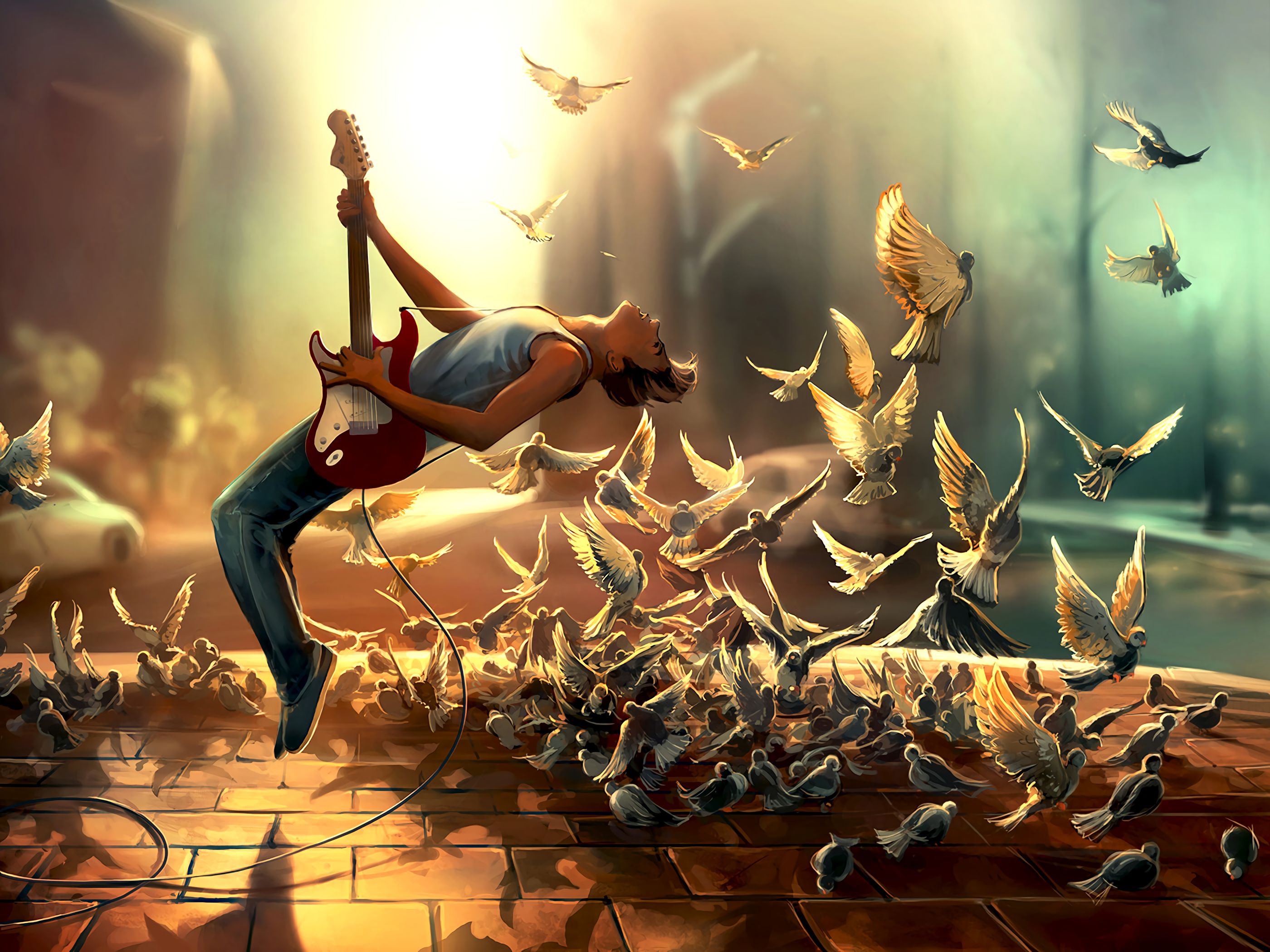 guitar player, art, guitar, birds, bounce, jump, guitarist desktop HD wallpaper