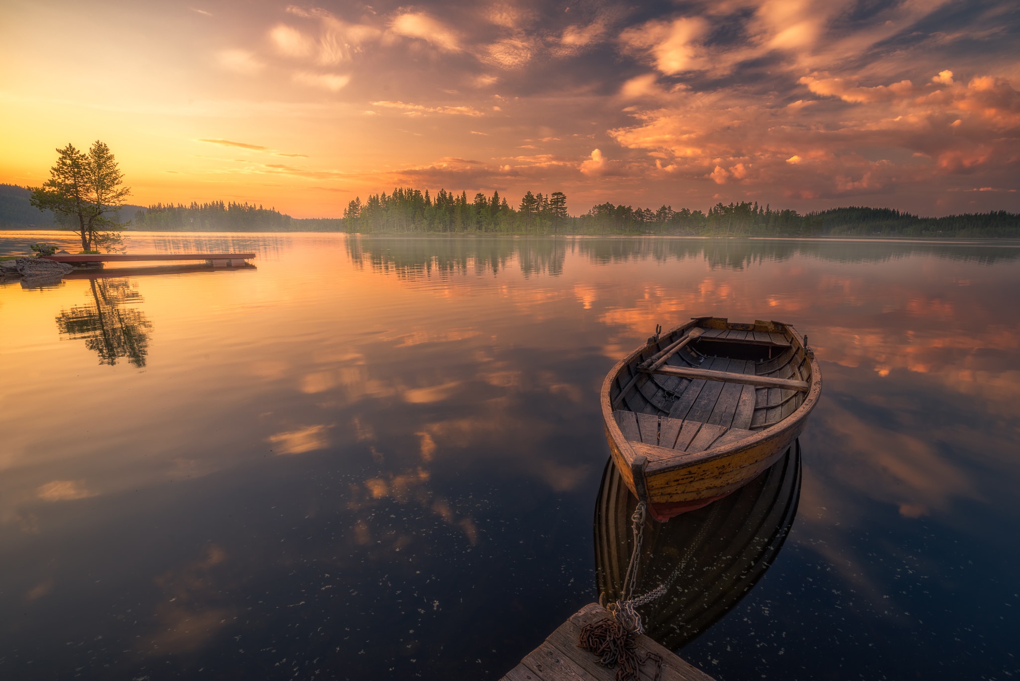 Free download wallpaper Nature, Sunset, Sky, Lakes, Lake, Reflection, Boat, Cloud, Photography on your PC desktop