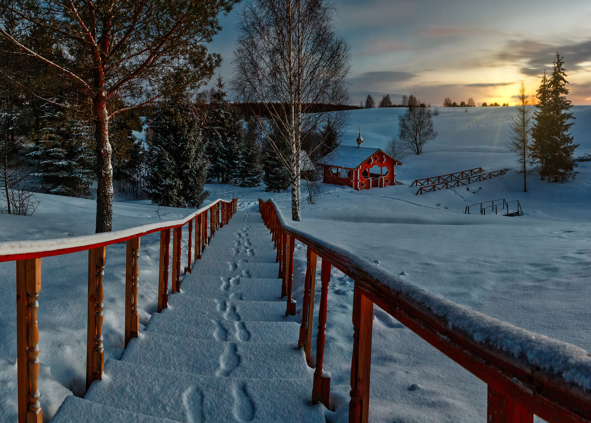 Download mobile wallpaper Winter, Snow, Path, Stairs, Cabin, Man Made for free.