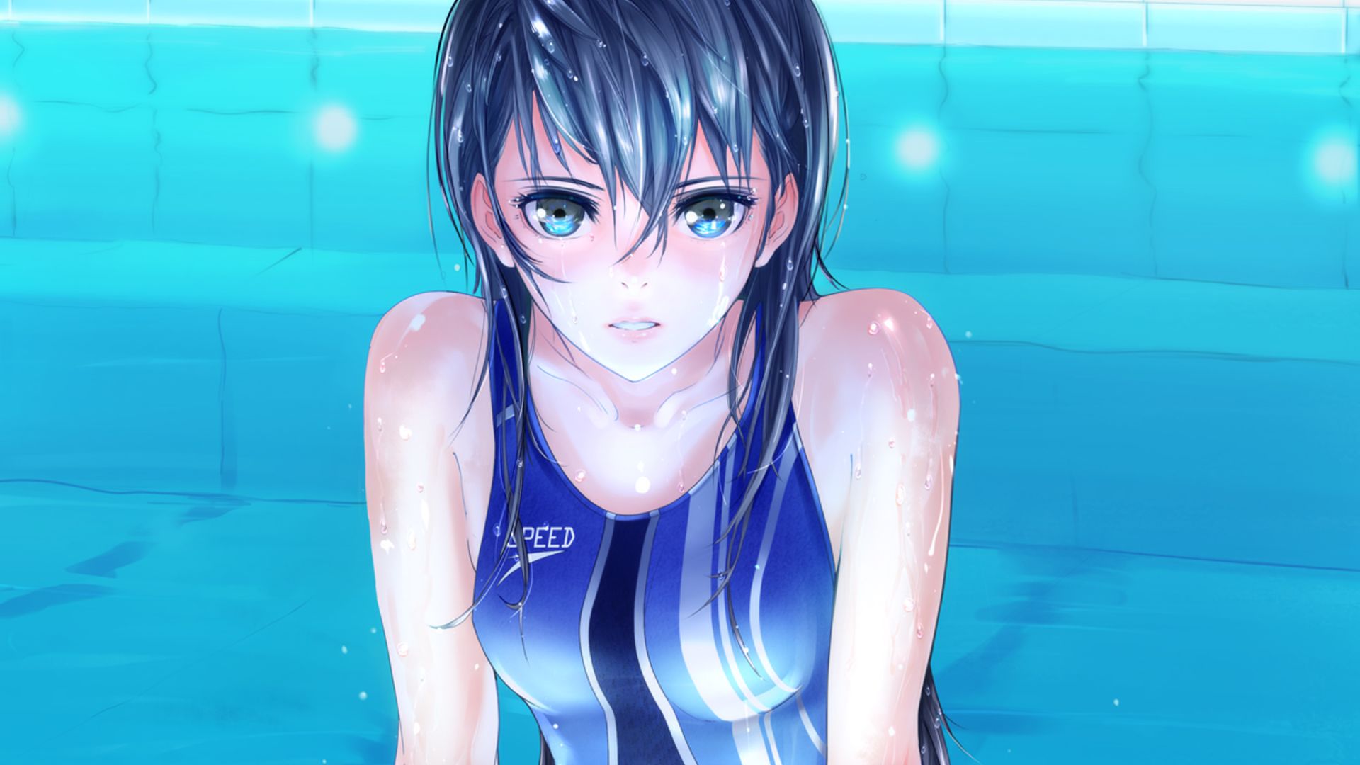 Download mobile wallpaper Anime, Water, Pool, Original, Swimsuit, Blue Hair for free.