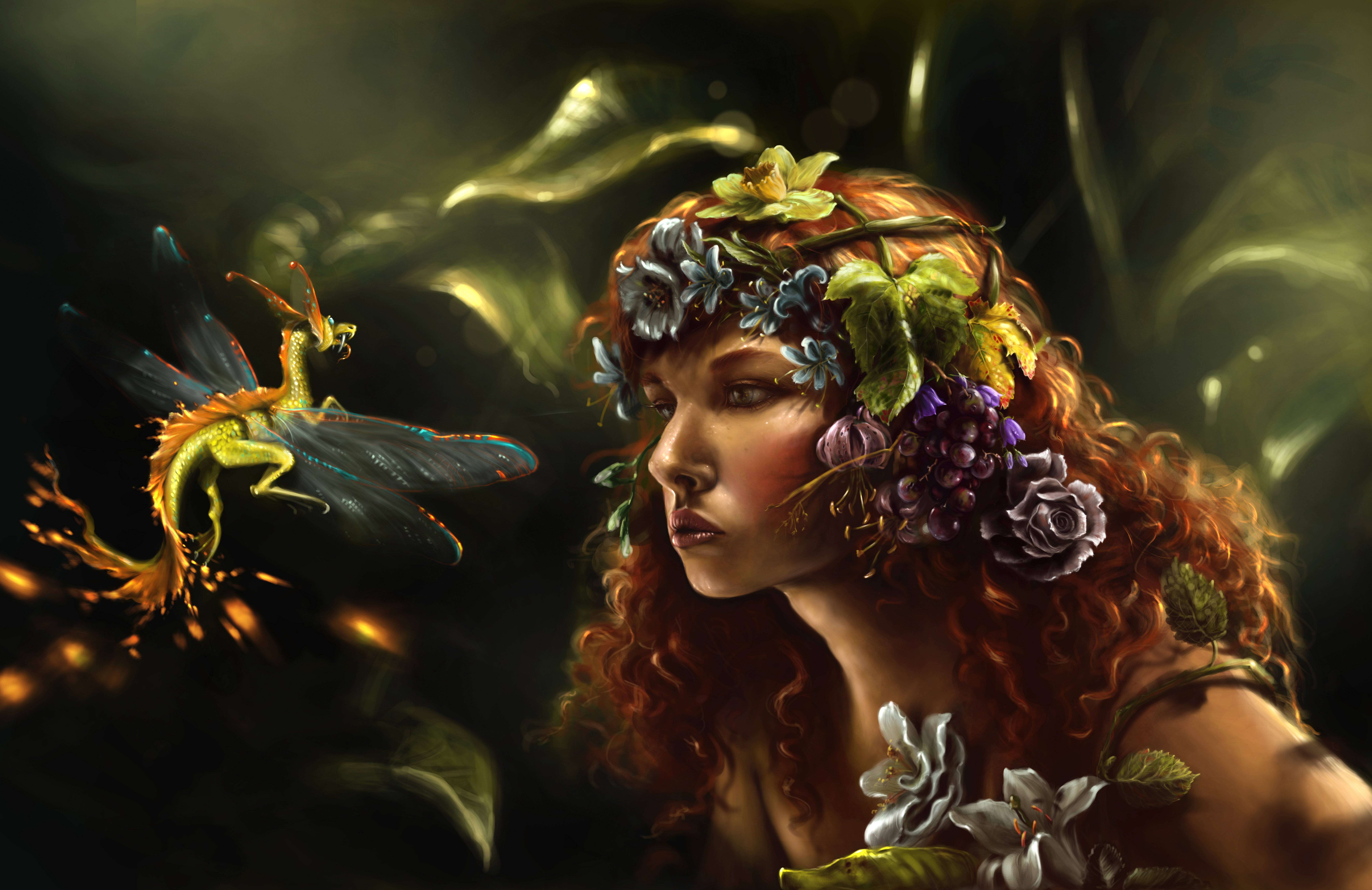 Download mobile wallpaper Fantasy, Flower, Redhead, Dragon, Hair, Fairy, Headband for free.