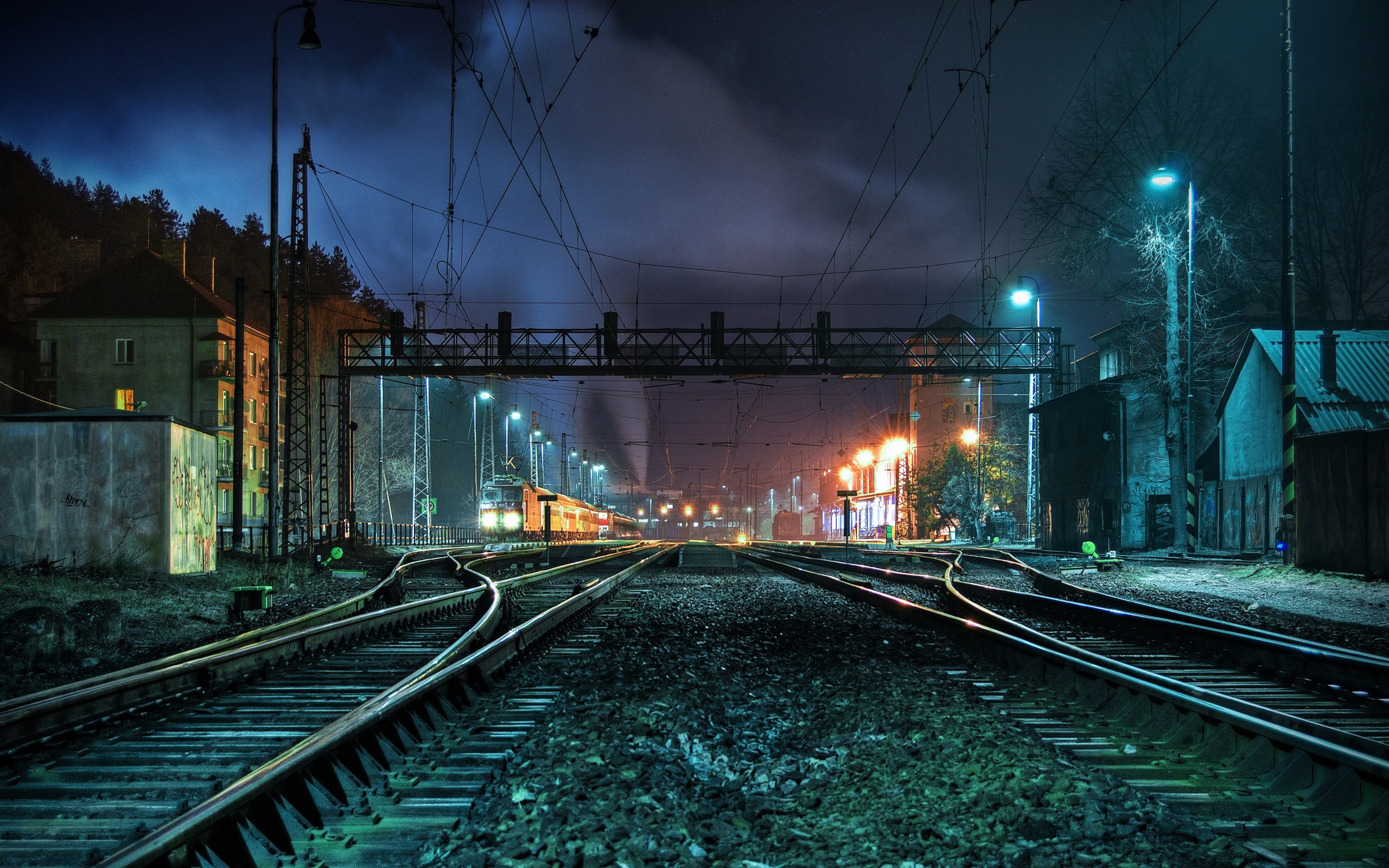 train, man made, railroad, light, night
