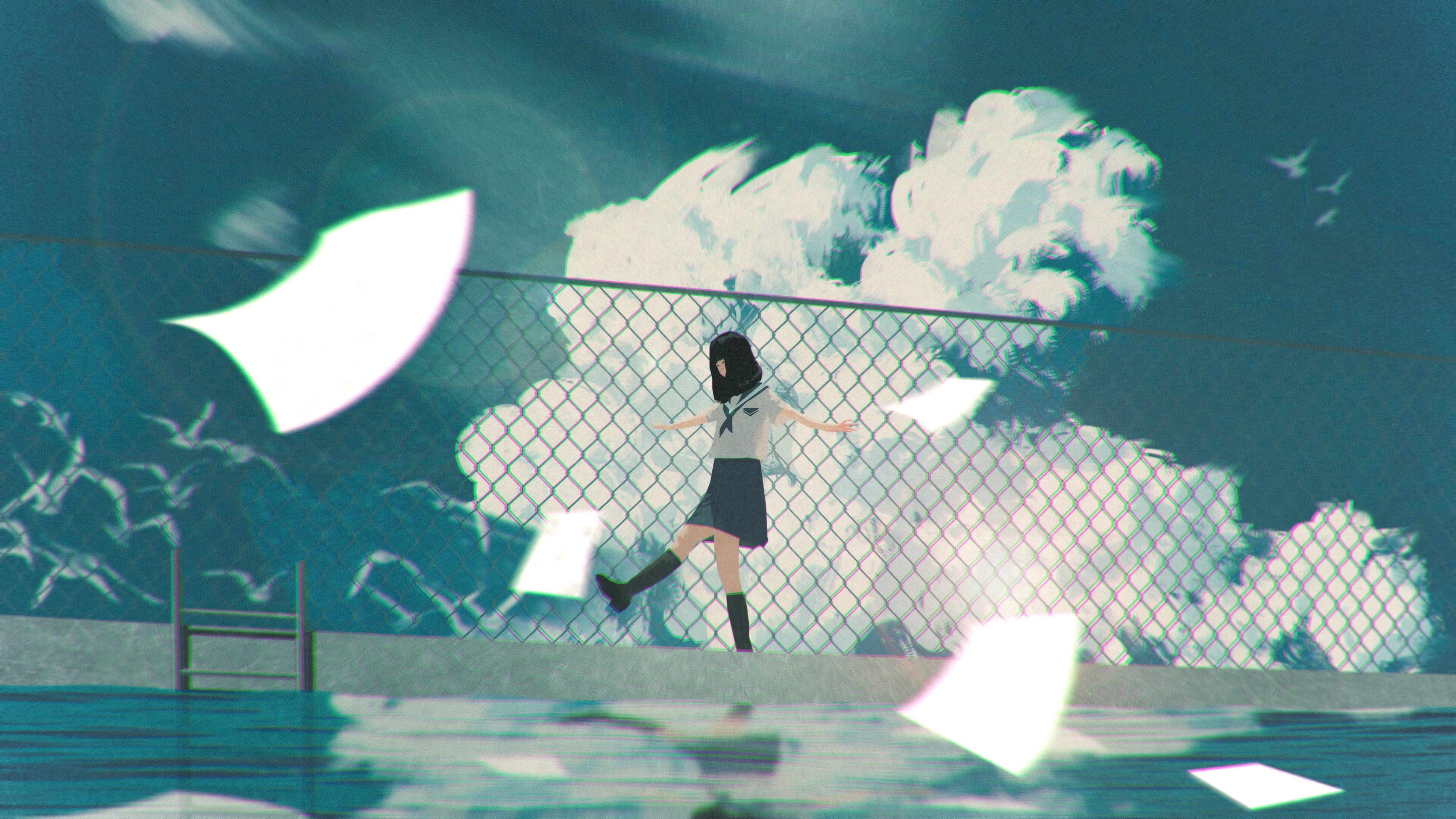 PCデスクトップに散歩, 雲, 水, 女の子, 日本製アニメ画像を無料でダウンロード