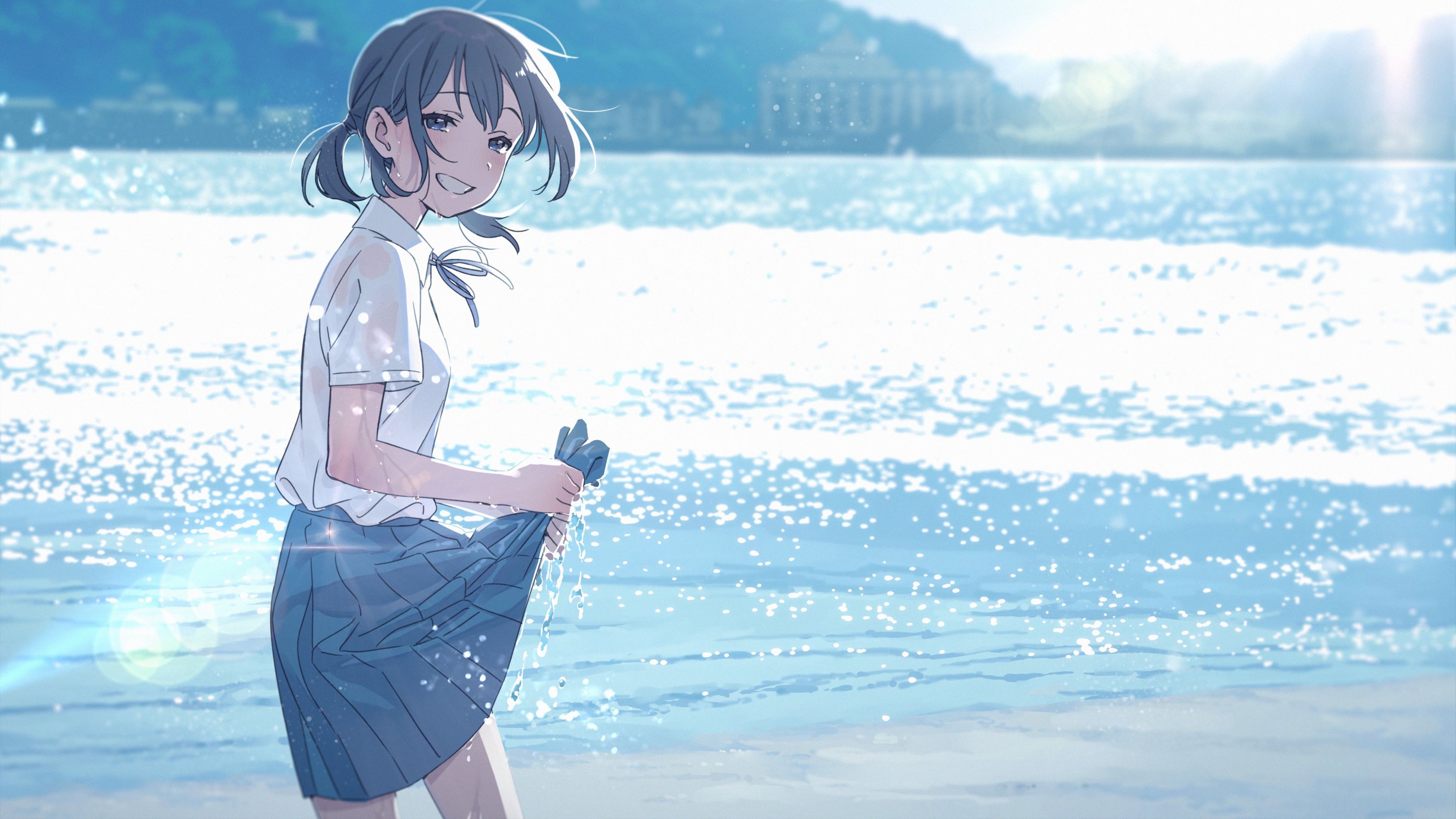 Download mobile wallpaper Anime, Water, Sea, Original, School Uniform, Grey Eyes for free.