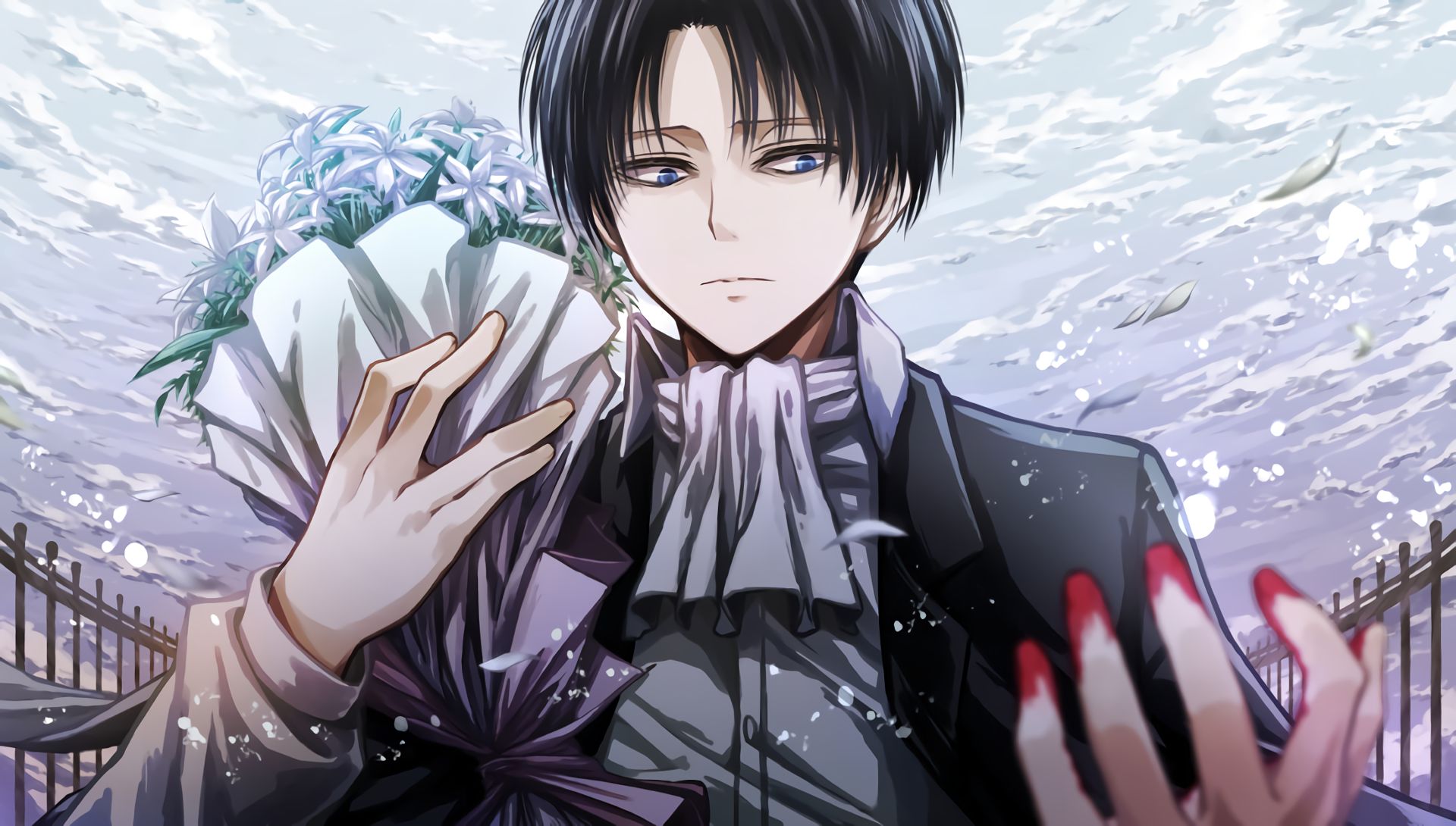 Handy-Wallpaper Blut, Blume, Blaue Augen, Animes, Schwarzes Haar, Shingeki Kein Kyojin, Attack On Titan, Levi Ackermann kostenlos herunterladen.