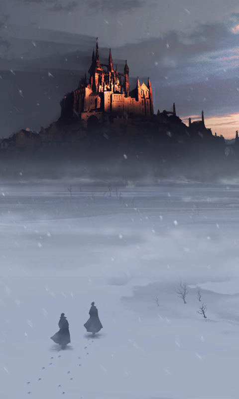 Download mobile wallpaper Winter, Fantasy, Sunset, Snow, Castles, Castle for free.