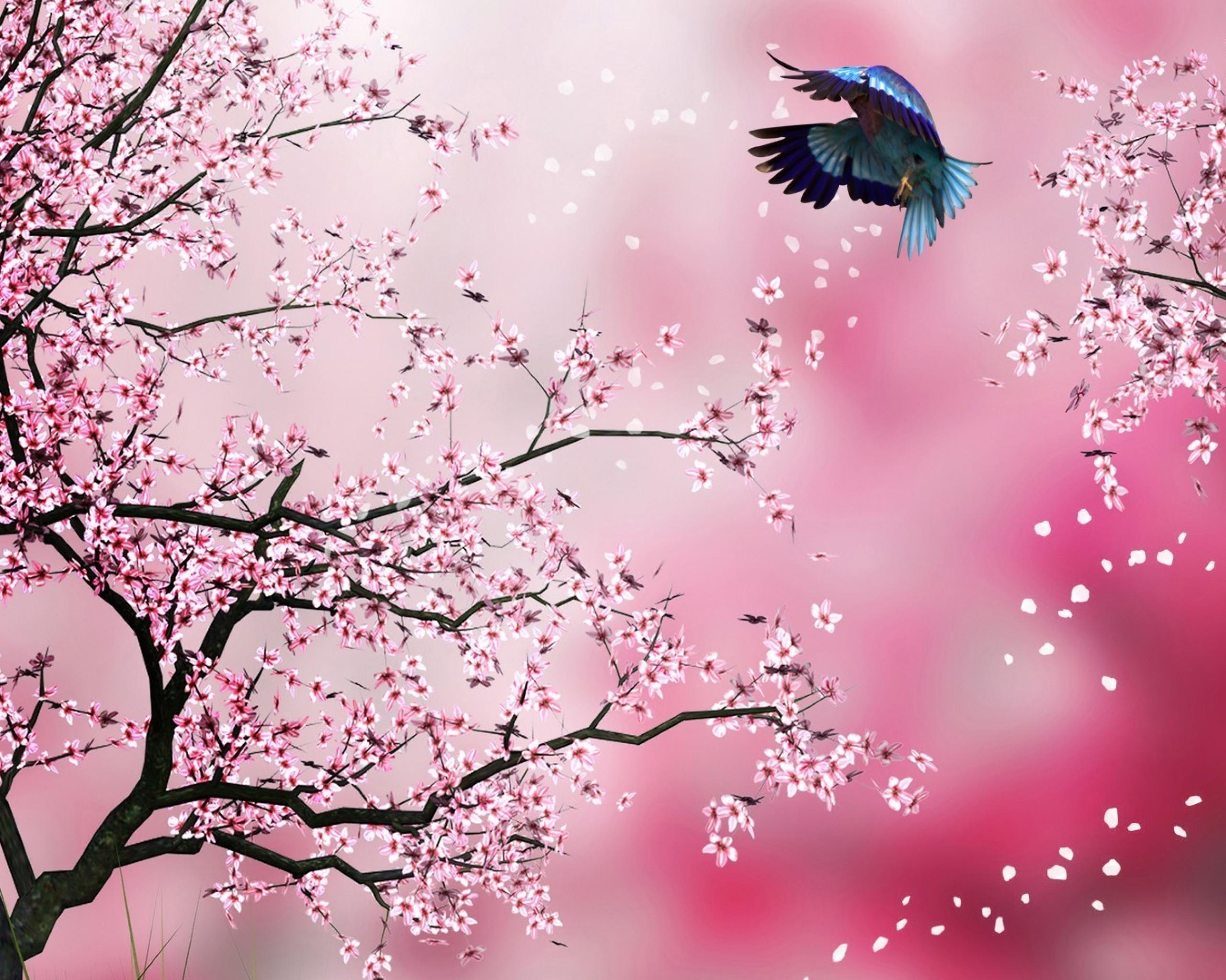 Скачати мобільні шпалери Сакура, Птах, Рожевий, Весна, Художній, Вишневий Цвіт безкоштовно.