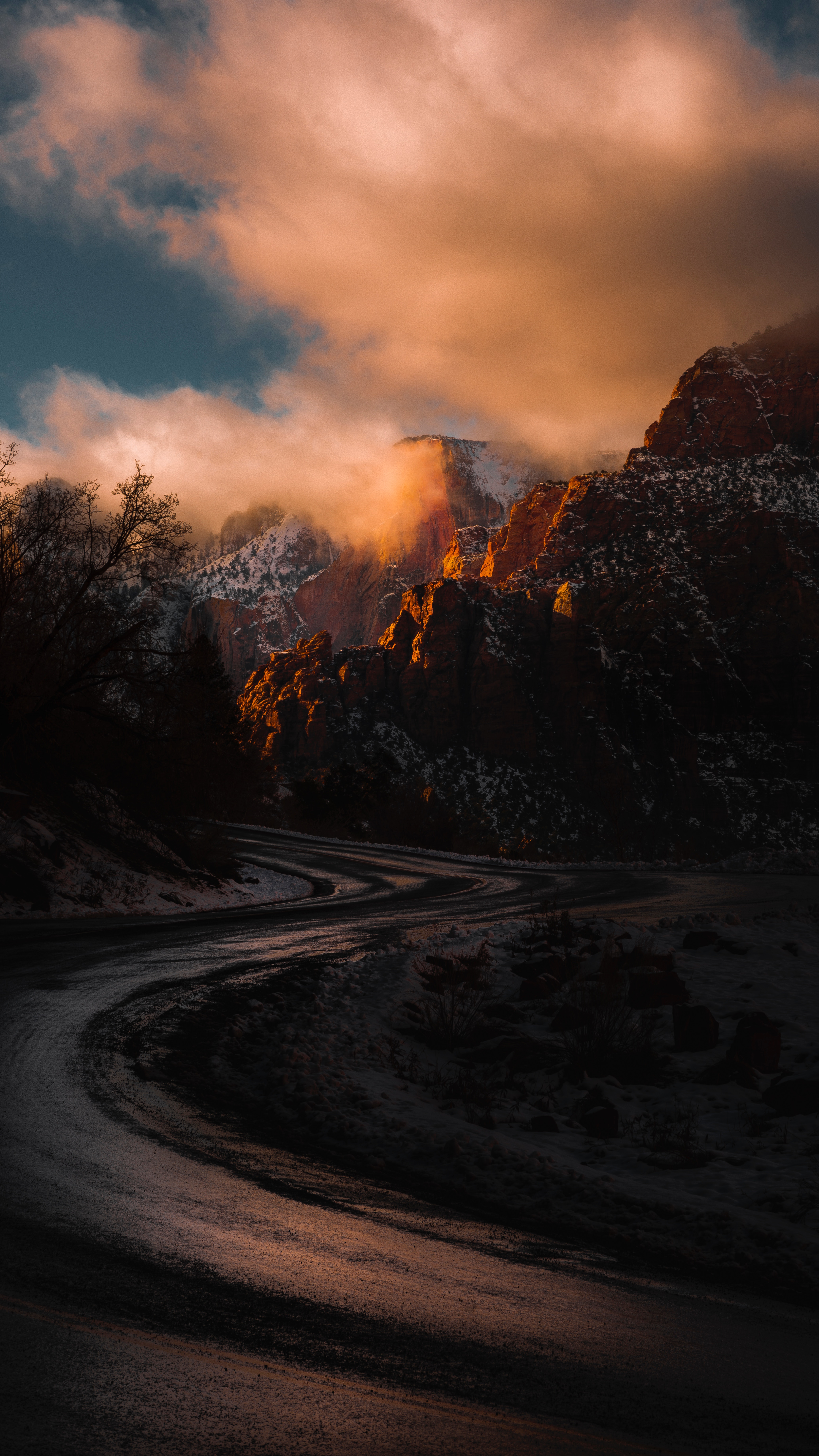 sunset, nature, turn, mountains, usa, road, zion national park, national park of the city, united states Full HD