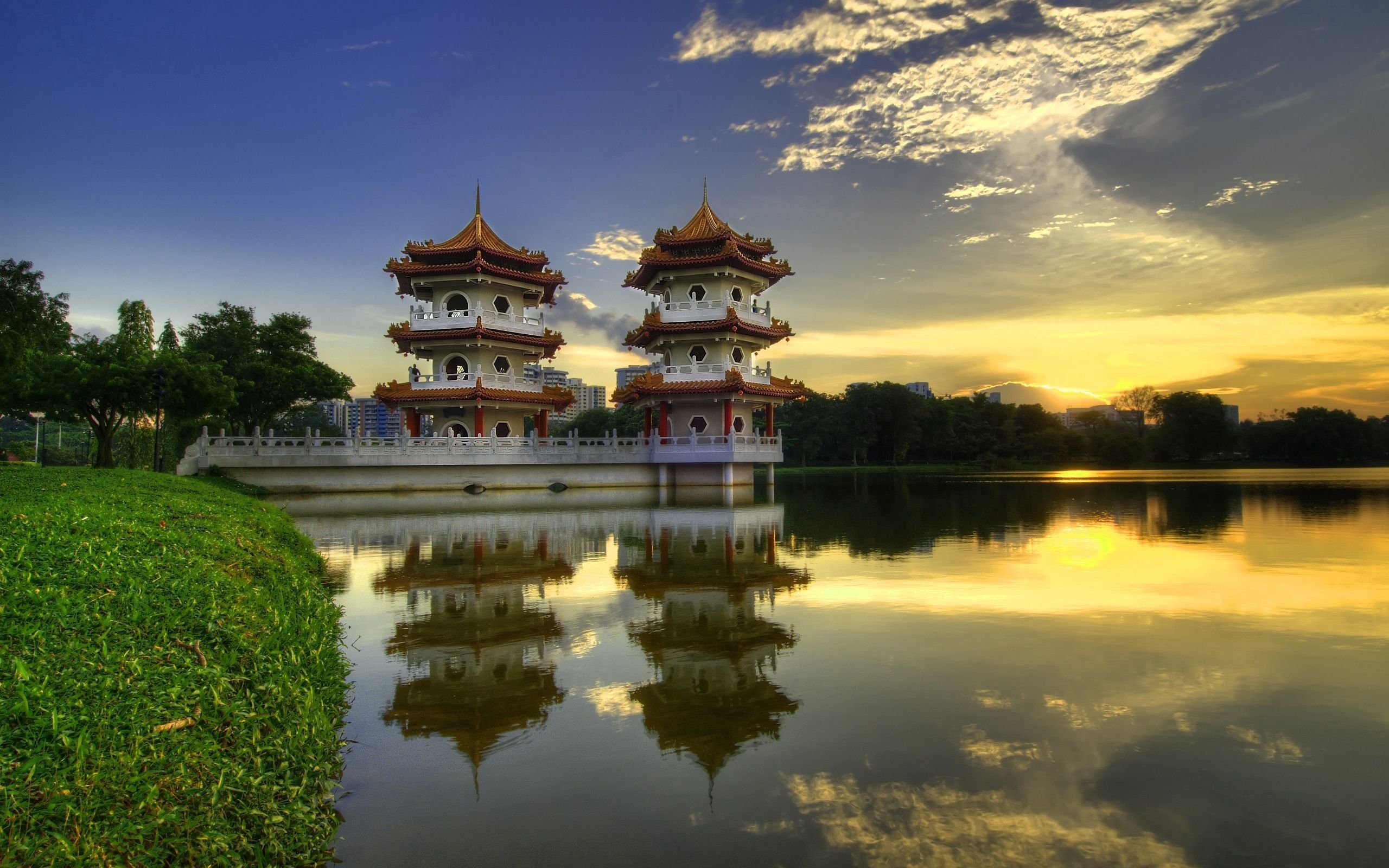 china, nature, architecture, lake, reflection, shore, bank, morning, buildings
