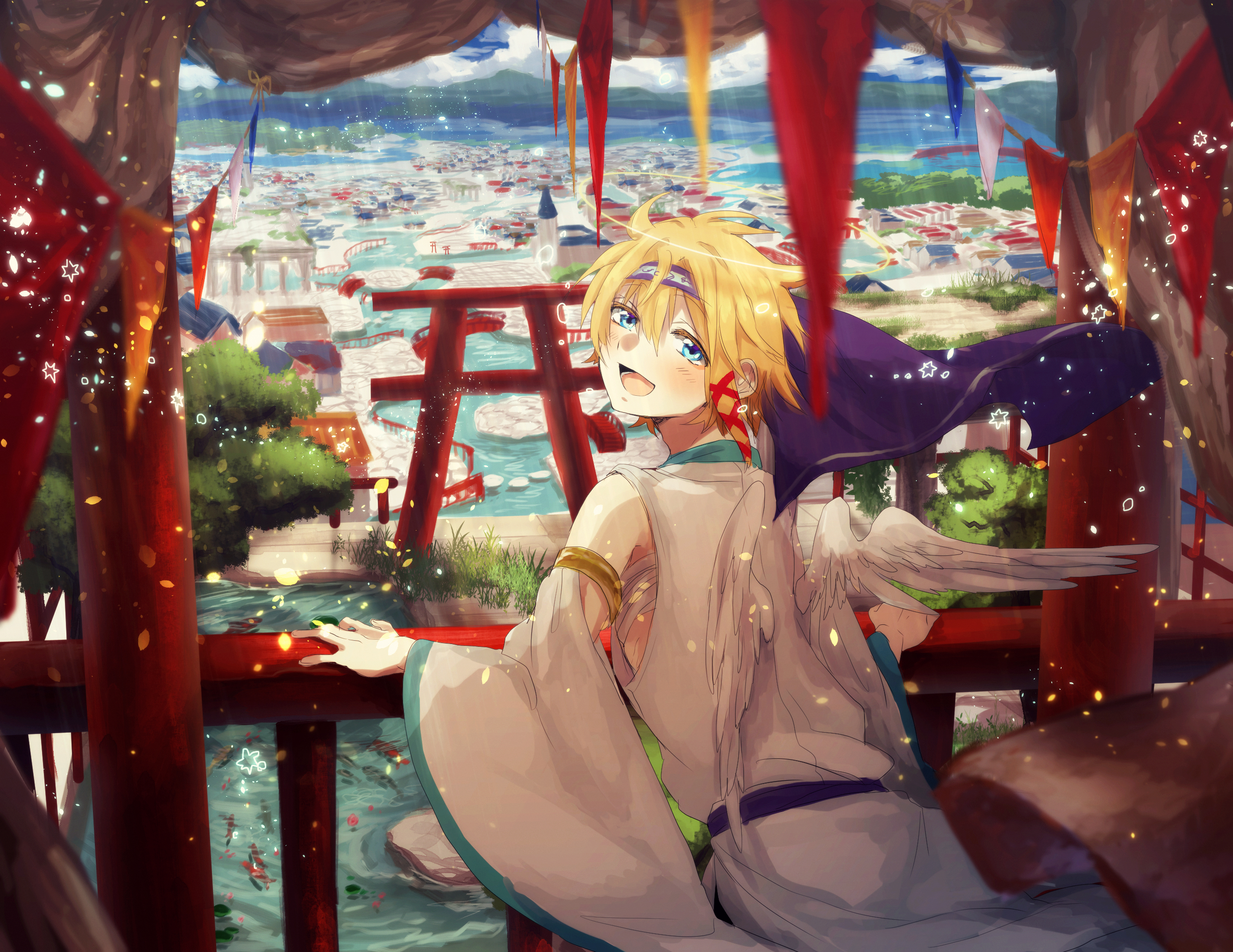 Download mobile wallpaper Anime, Water, Angel, Town, Torii, Original for free.