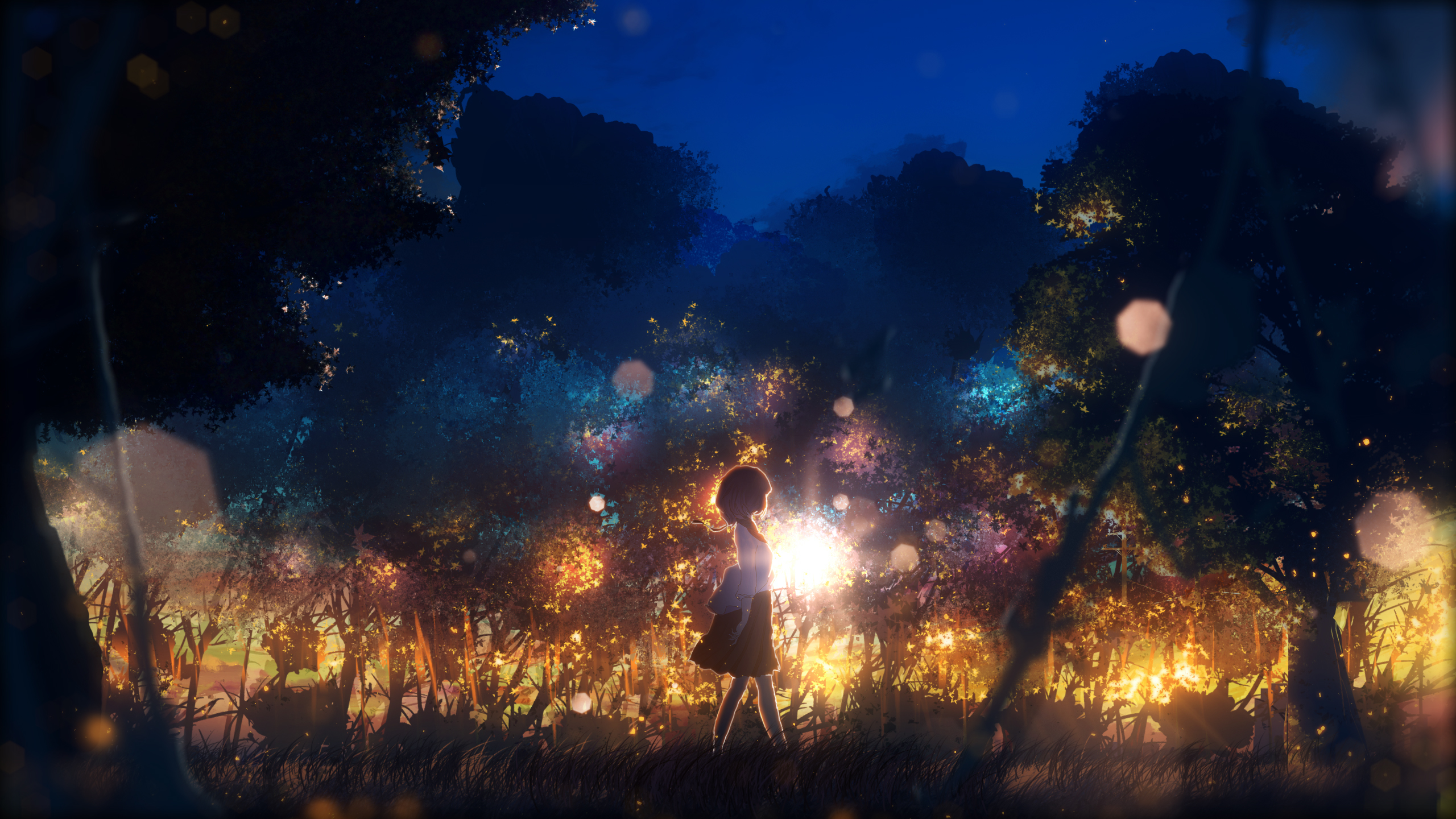 Download mobile wallpaper Anime, Night, Light, Forest, Girl for free.