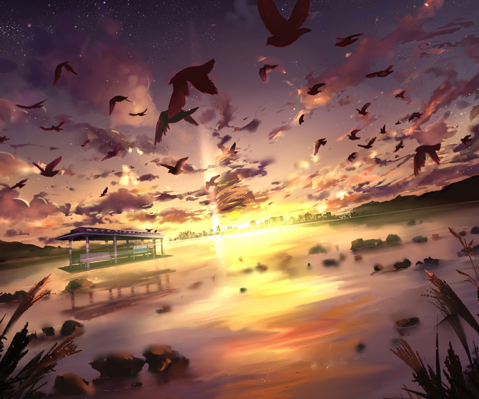 Handy-Wallpaper Landschaft, Wasser, Vogel, Wolke, Original, Himmel, Animes kostenlos herunterladen.