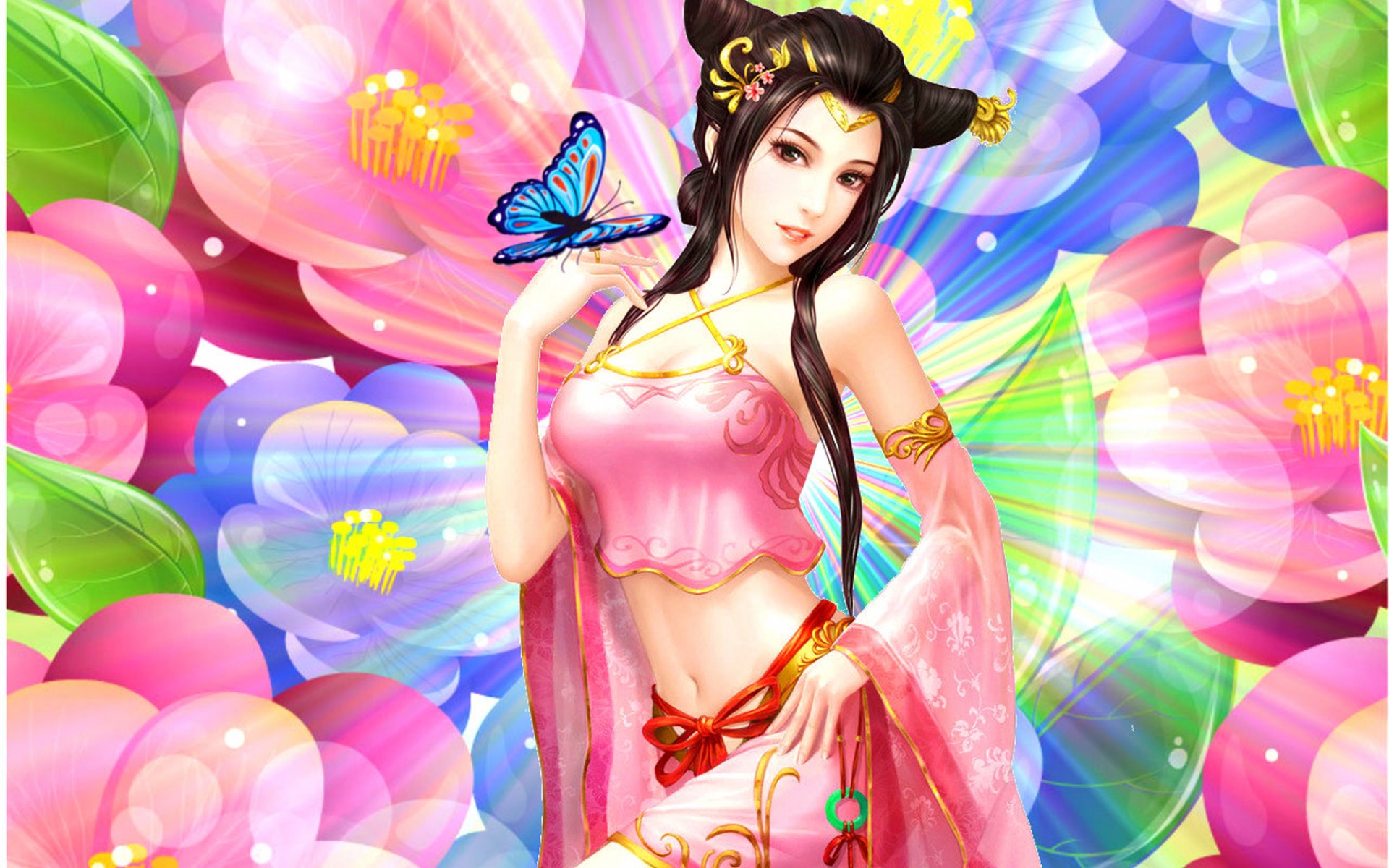 Download mobile wallpaper Fantasy, Flower, Butterfly, Women, Blossom for free.