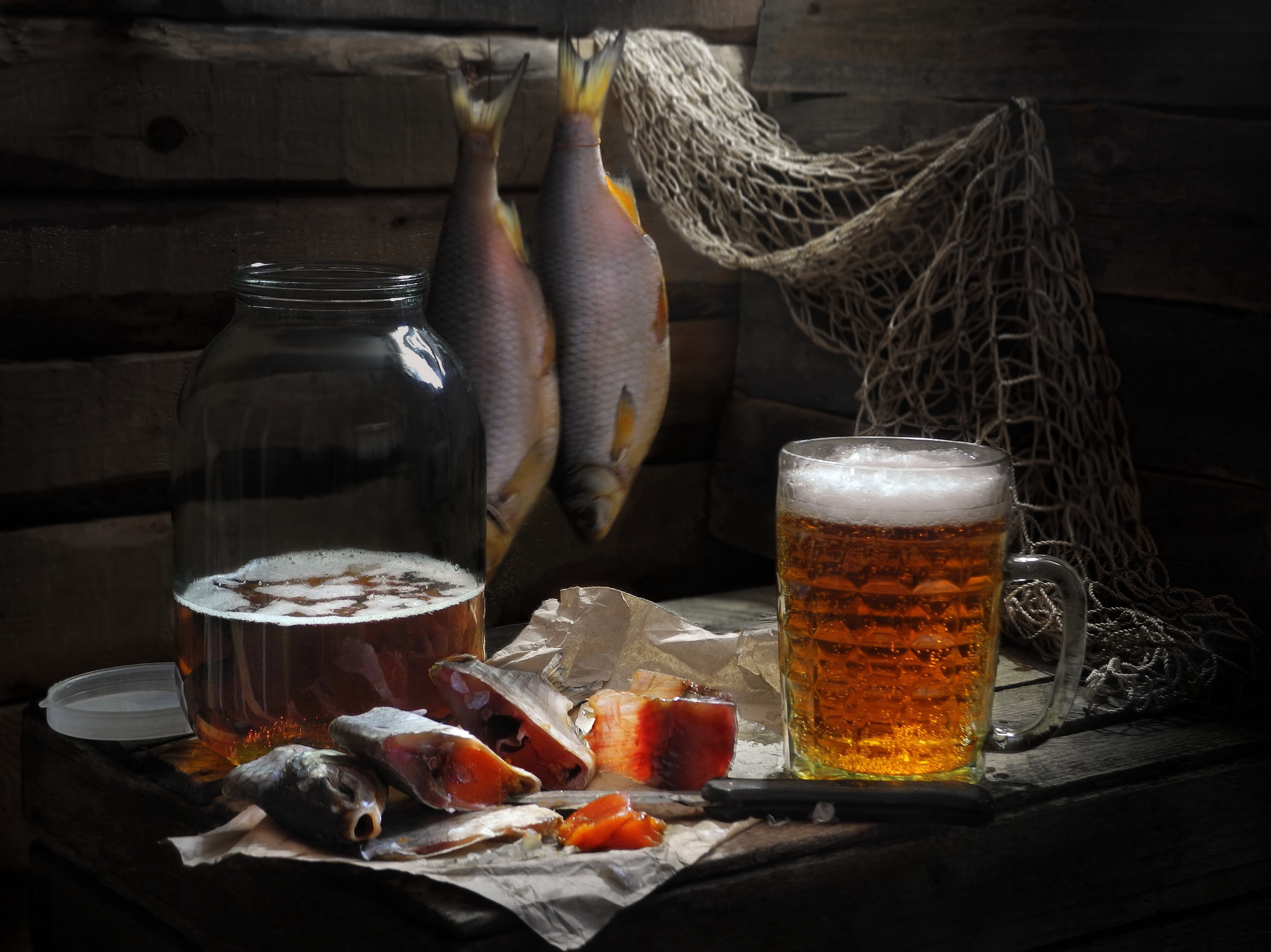Download mobile wallpaper Beer, Still Life, Drink, Fish, Photography, Alcohol for free.