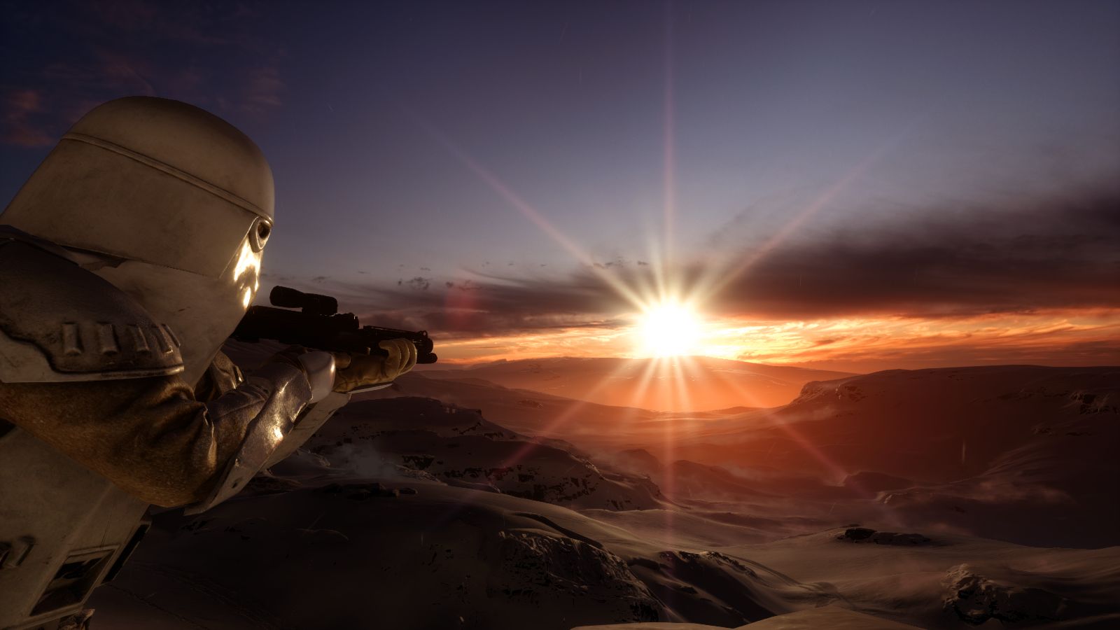video game, star wars battlefront (2015), snow, snowtrooper, sunset, star wars
