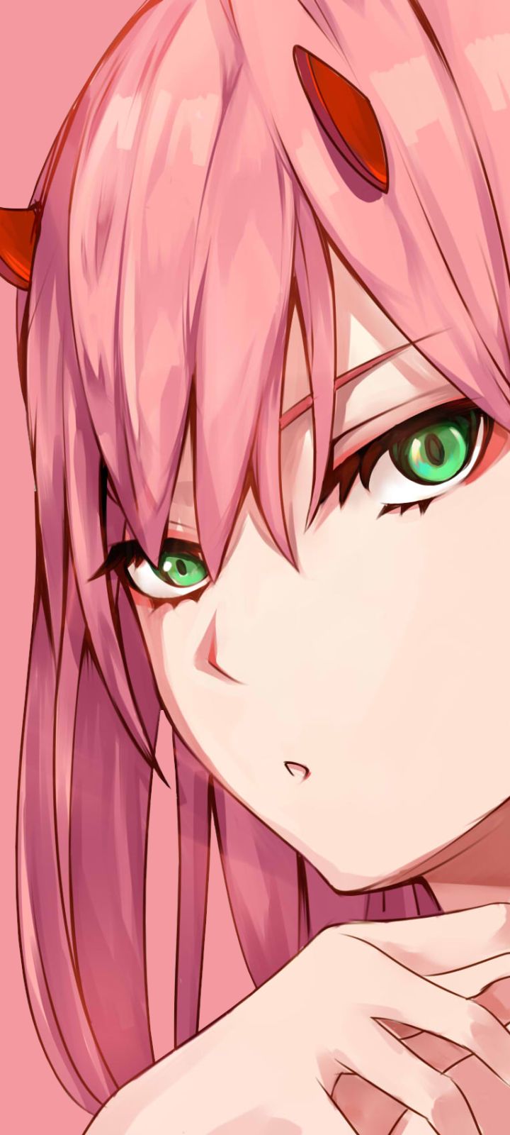 Handy-Wallpaper Gesicht, Grüne Augen, Pinkes Haar, Animes, Darling In The Franxx, Zero Two (Liebling Im Franxx) kostenlos herunterladen.