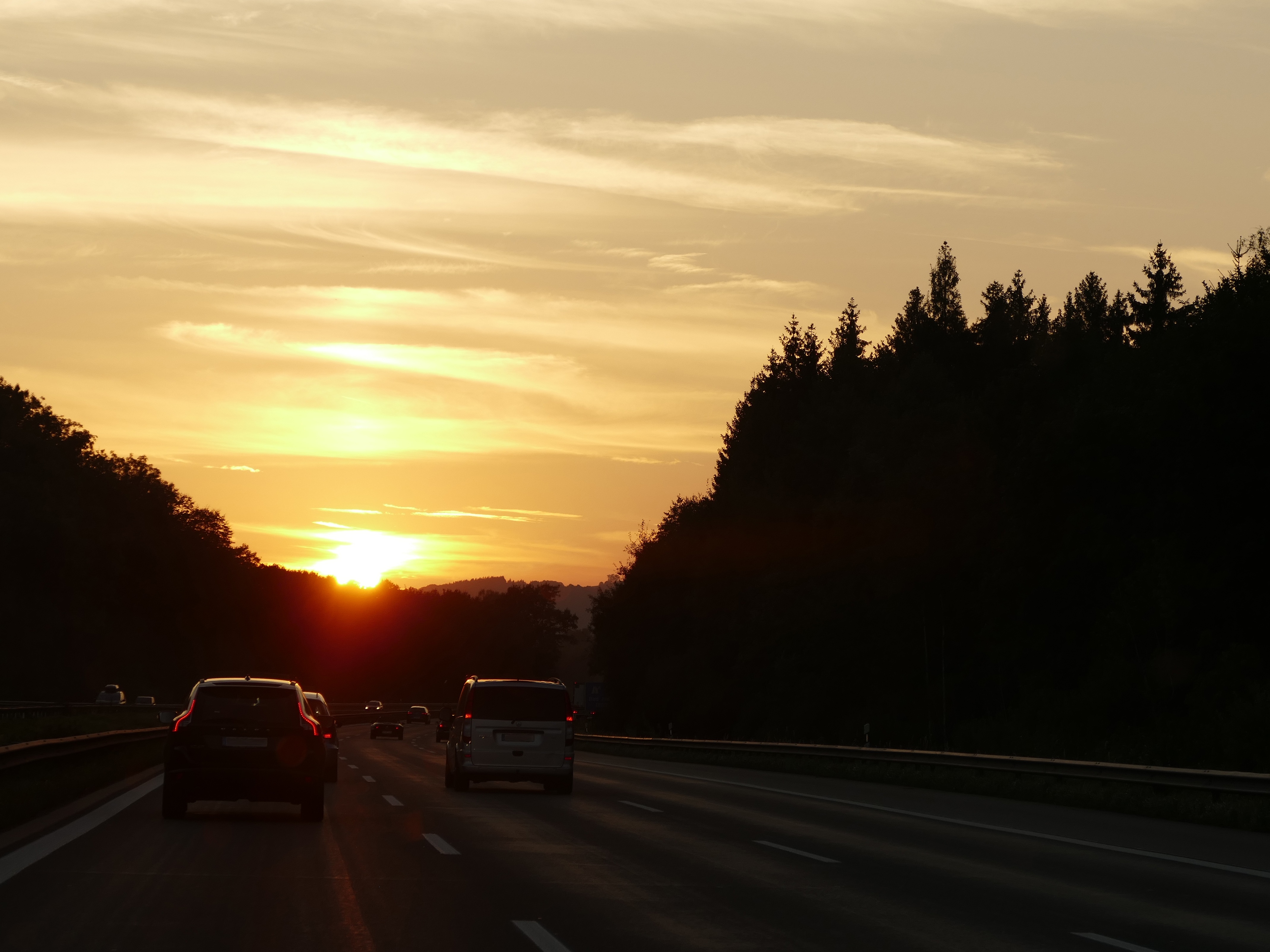 sunset, cars, road, traffic, movement, track, route