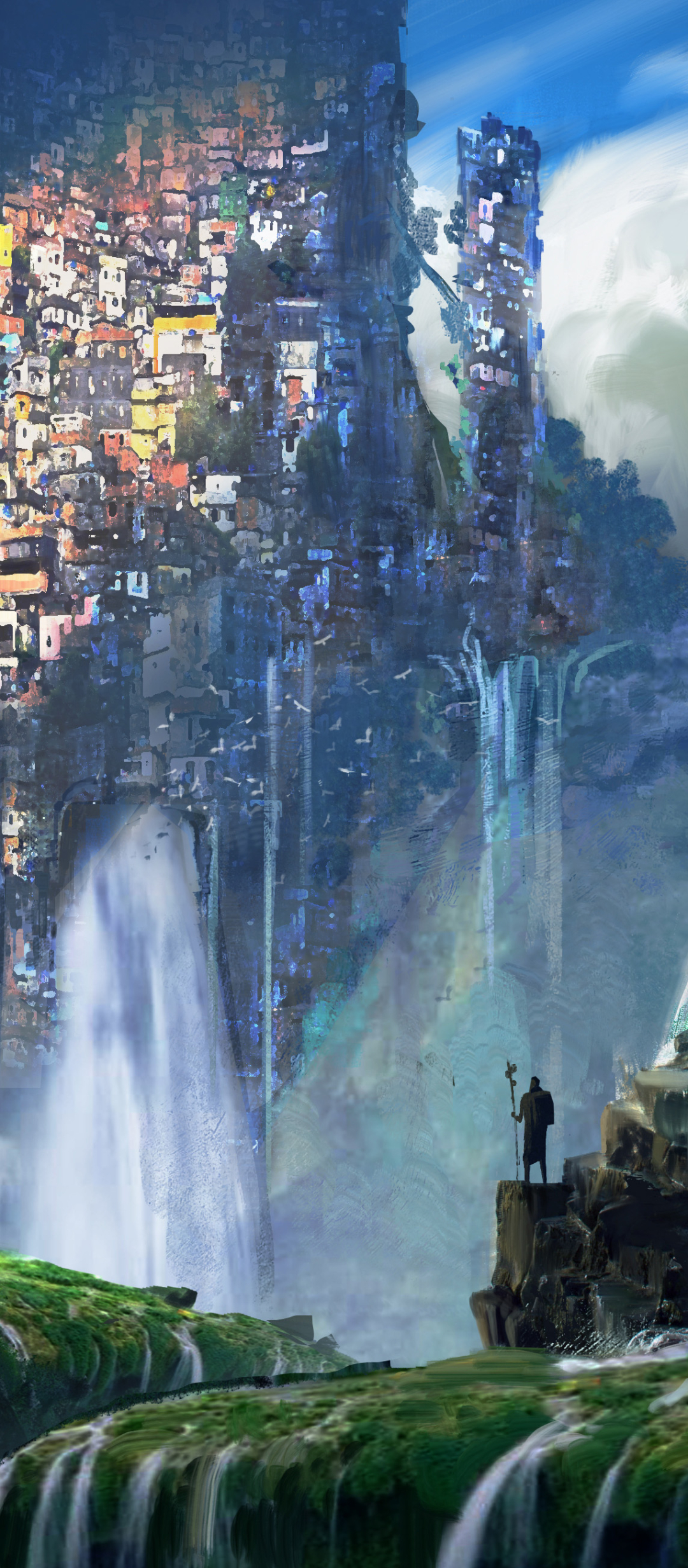 Download mobile wallpaper Fantasy, City, Waterfall for free.