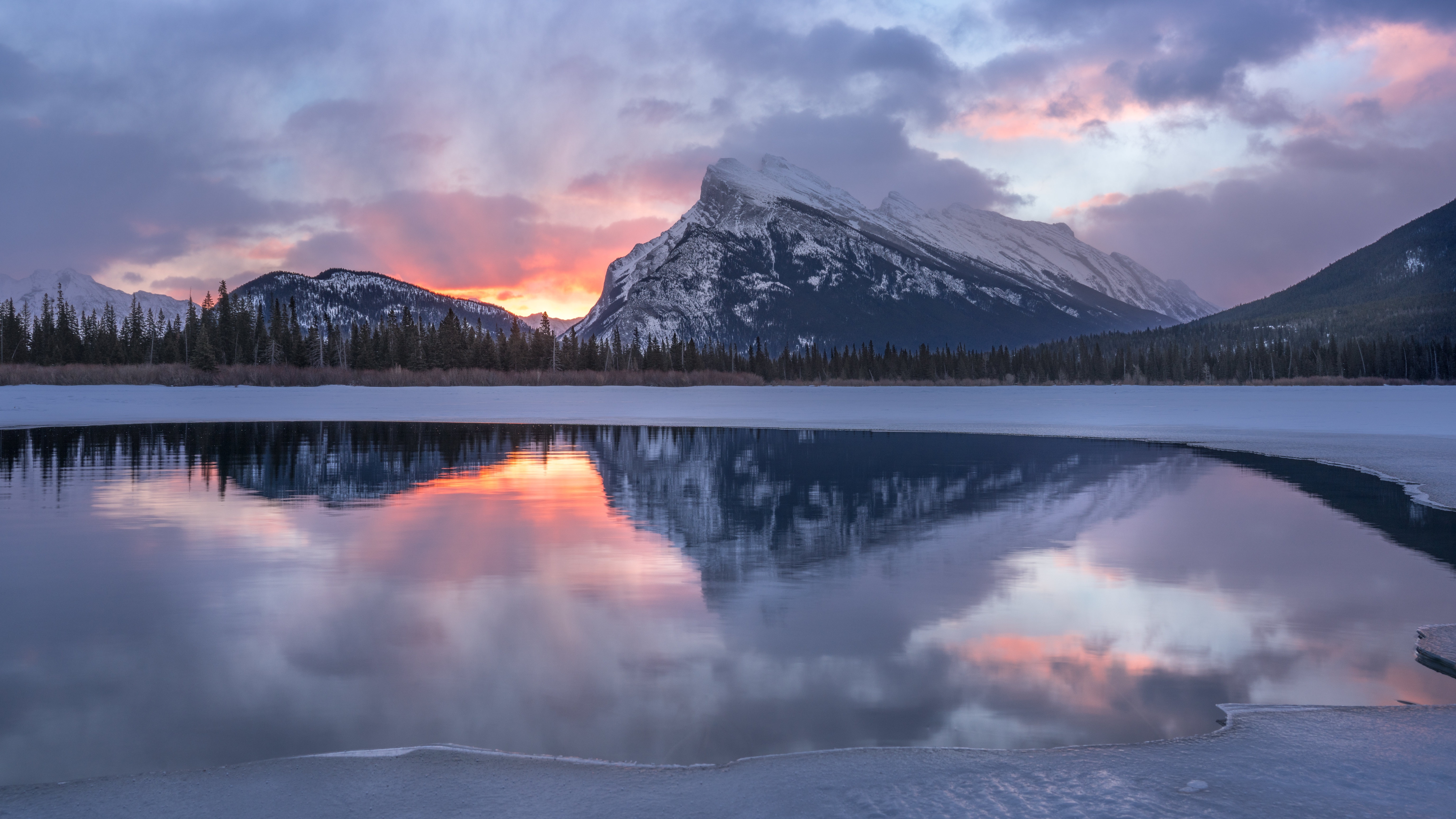 PCデスクトップに冬, 自然, 夜明け, 湖, 山, 反射, カナダ, 地球, 国立公園, バンフ国立公園画像を無料でダウンロード