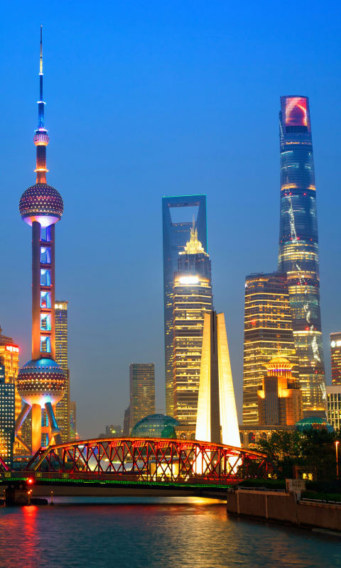 無料モバイル壁紙都市, 川, 橋, 超高層ビル, 建物, 光, 中国, 上海, 夜, マンメイドをダウンロードします。