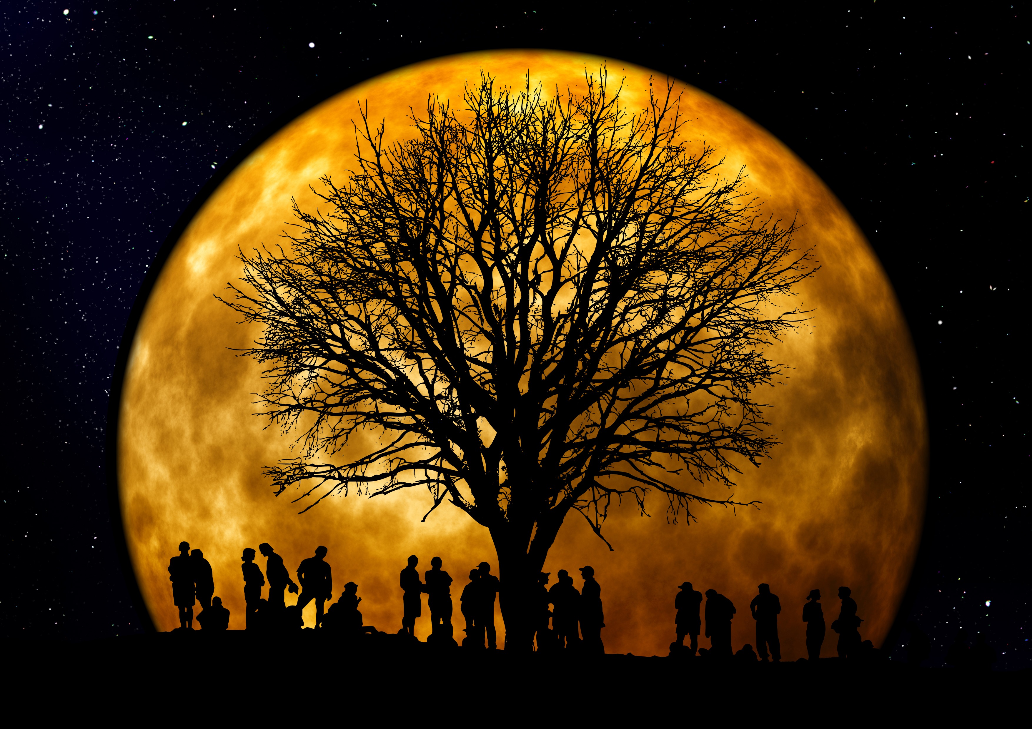 868225 скачать картинку художественные, луна, полнолуние, оранжевый цвет), люди, силуэт, дерево - обои и заставки бесплатно