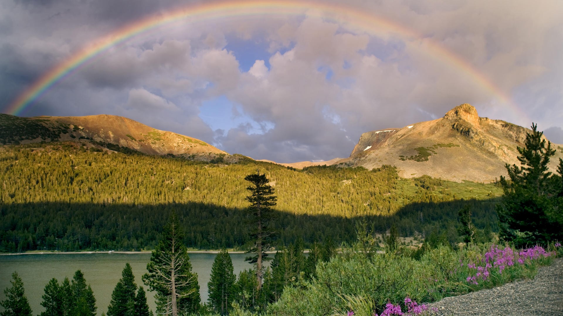 Free download wallpaper Landscape, Rainbow, Mountain, Lake, Earth, River on your PC desktop