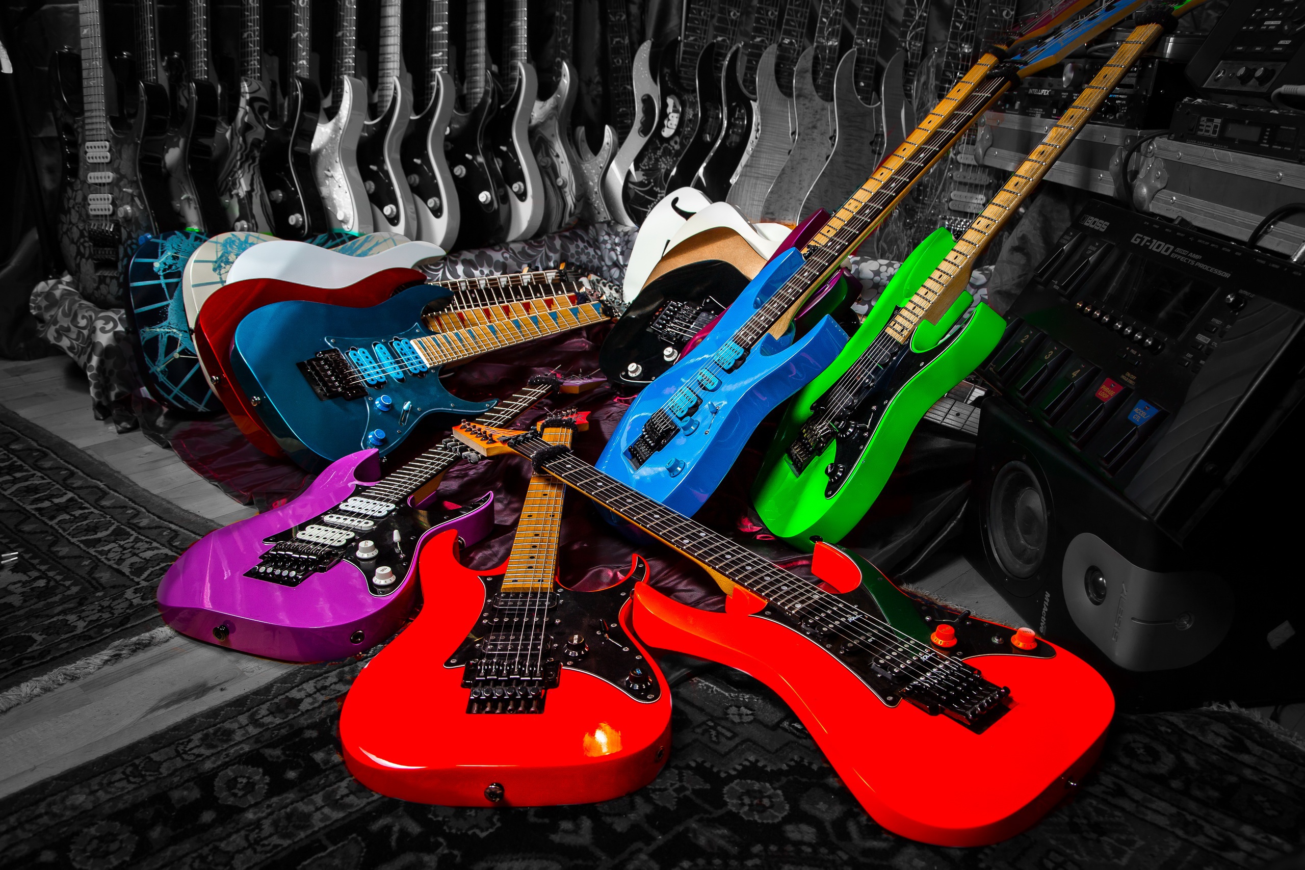 811419 скачать обои гитара, музыка, инструмент, выборочный цвет - заставки и картинки бесплатно