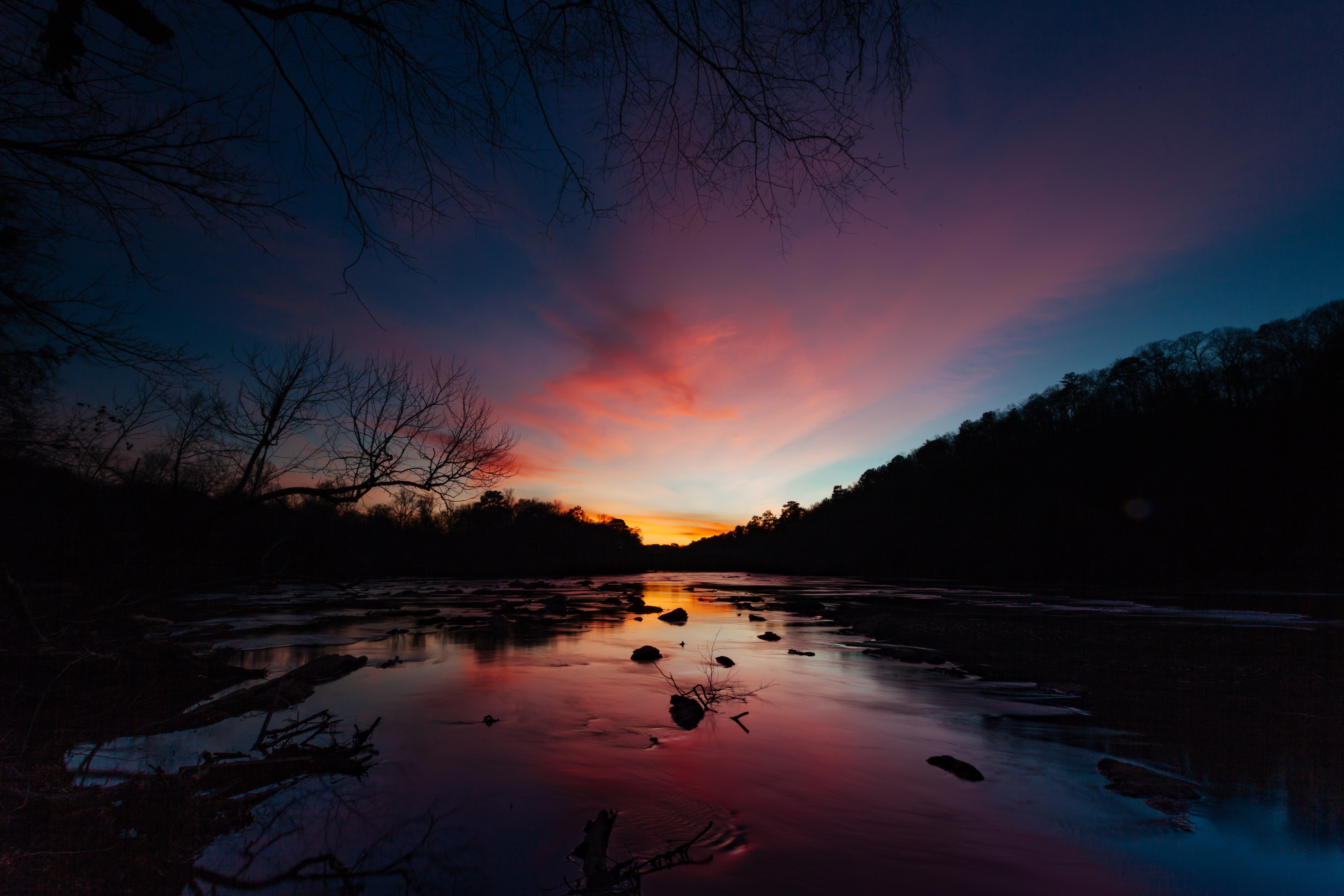 Laden Sie das Flüsse, Natur, Sunset, Horizont, Bäume-Bild kostenlos auf Ihren PC-Desktop herunter