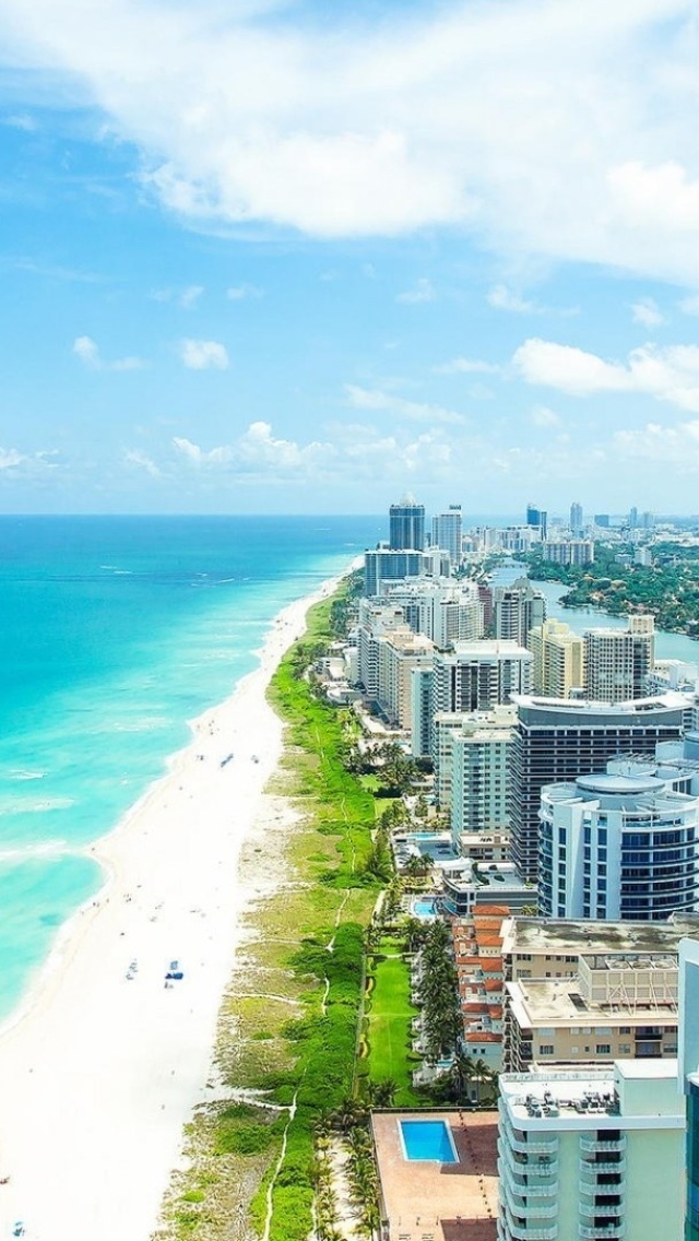 Handy-Wallpaper Städte, Strand, Stadt, Horizont, Küste, Ozean, Miami, Menschengemacht, Großstadt kostenlos herunterladen.