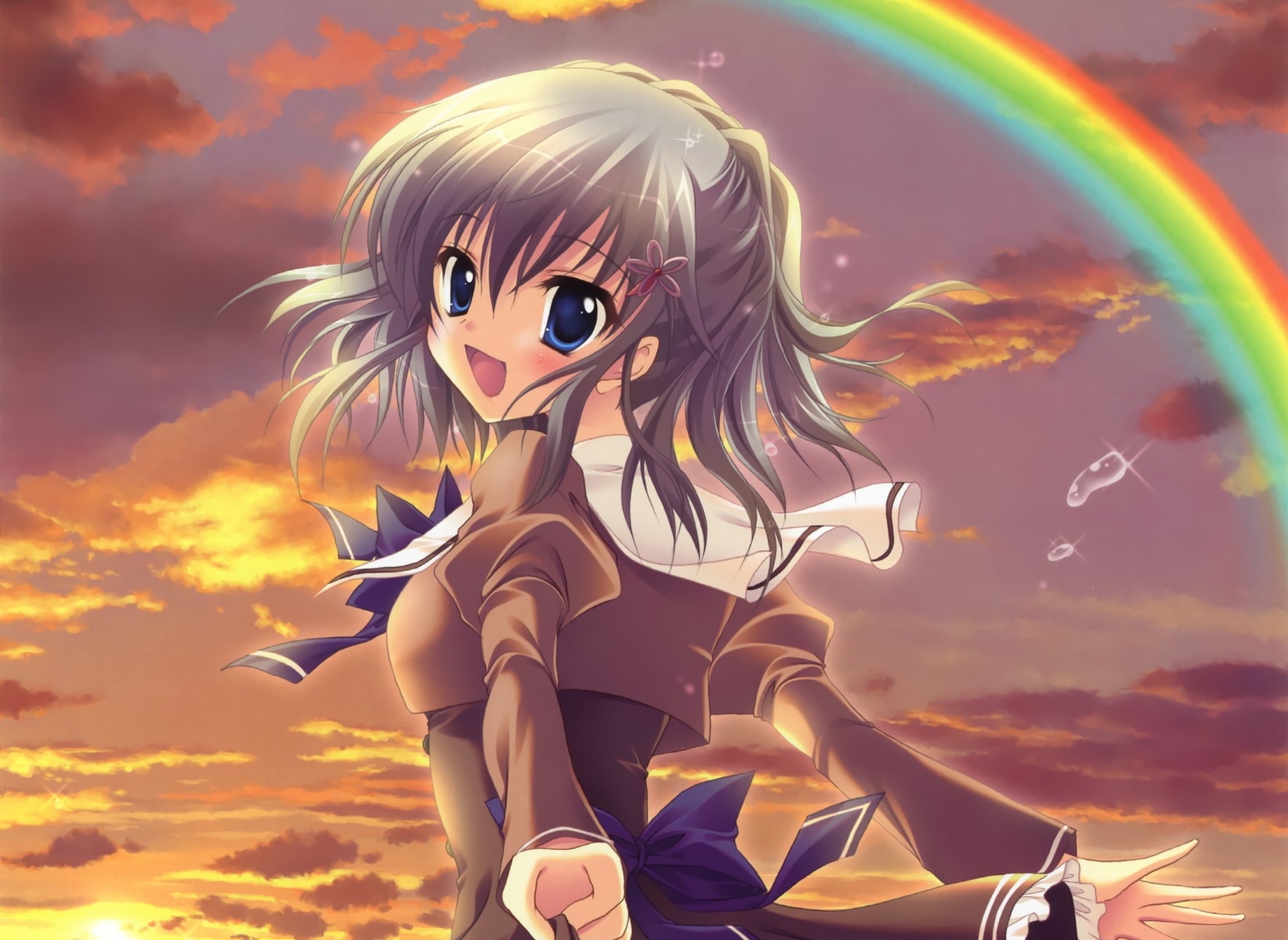 girl, anime, rainbow, smile, joy